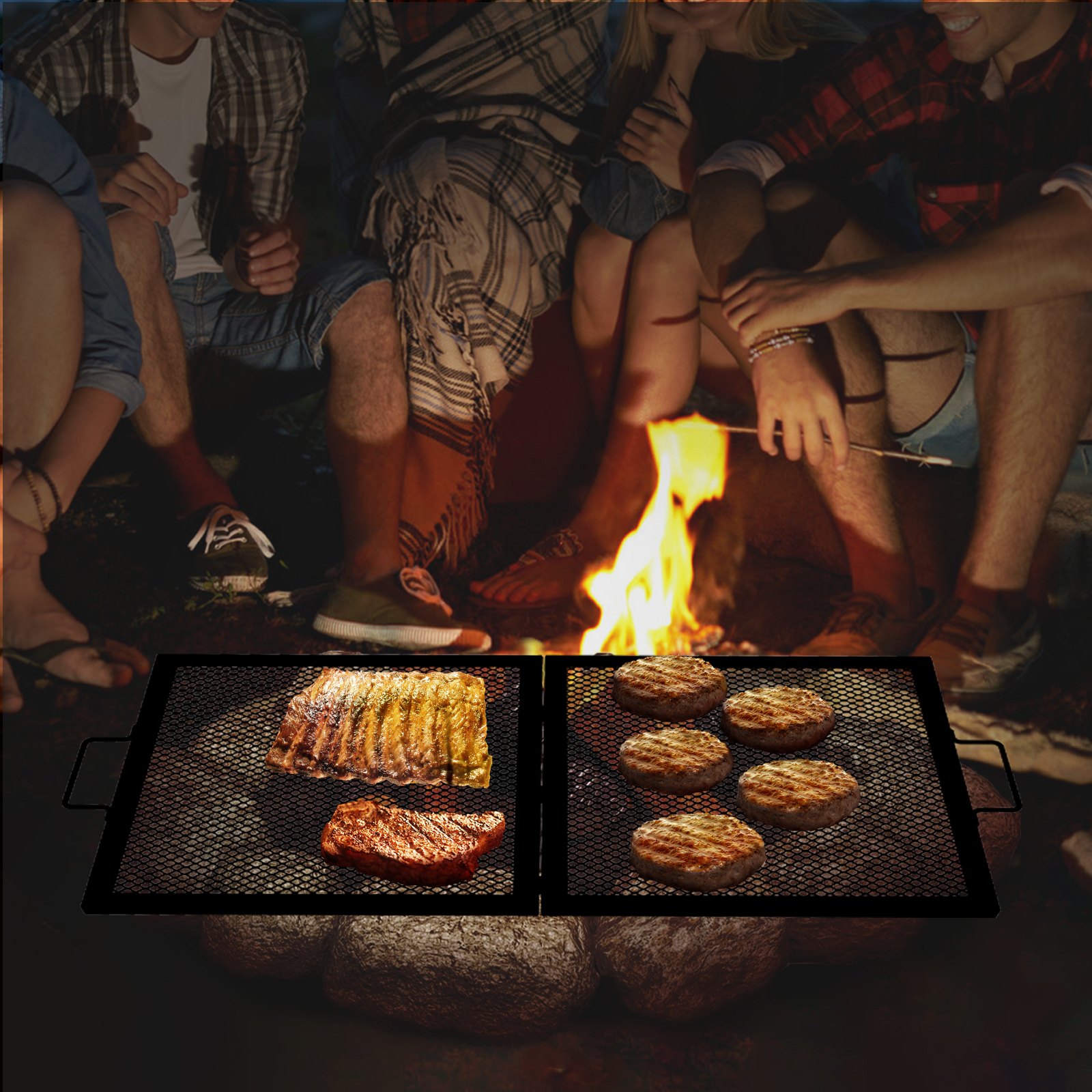 VEVOR Fire Pit Cooking Grill Grate 32 x 15 in Foldable Rectangle Campfire BBQ Rack, Heavy Duty X-Marks with Portable Handle & Support Wire for Outdoor Picnic Party & Gathering, Black