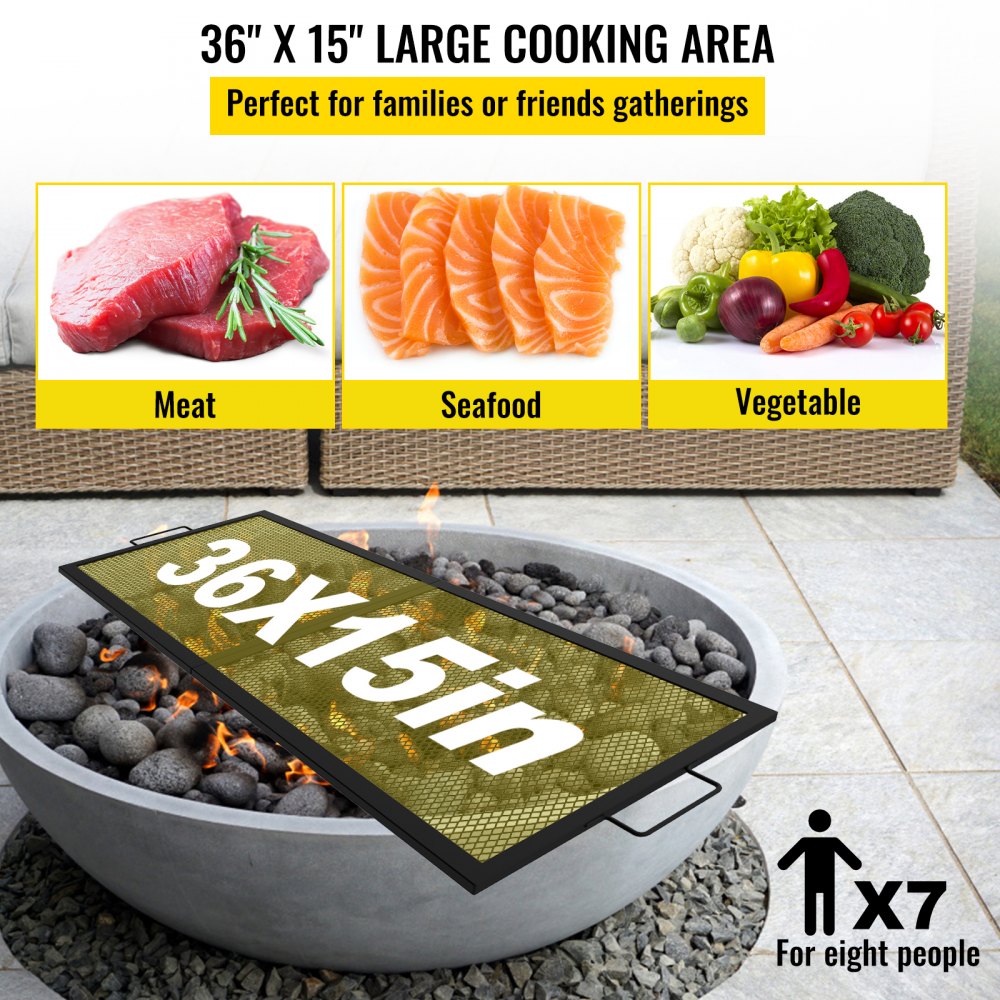 VEVOR Fire Pit Cooking Grill Grate 36 x 15 in Foldable Rectangle Campfire BBQ Rack, Heavy Duty X-Marks with Portable Handle & Support Wire for Outdoor Picnic Party & Gathering, Black