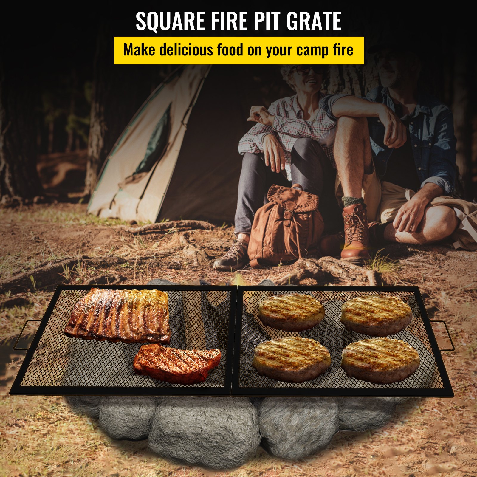 VEVOR Fire Pit Cooking Grill Grate 36 x 15 in Foldable Rectangle Campfire BBQ Rack, Heavy Duty X-Marks with Portable Handle & Support Wire for Outdoor Picnic Party & Gathering, Black