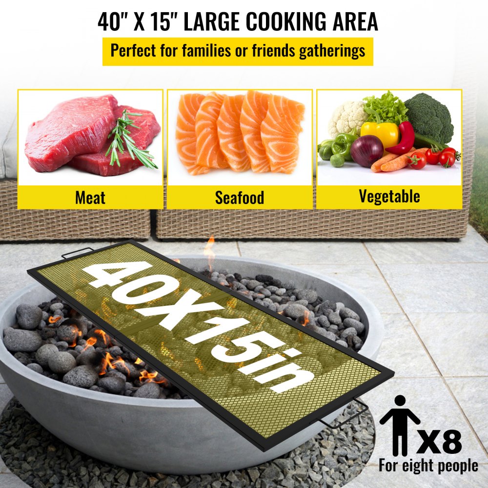 VEVOR Fire Pit Cooking Grill Grate 40 x 15 in Foldable Rectangle Campfire BBQ Rack, Heavy Duty X-Marks with Portable Handle & Support Wire for Outdoor Picnic Party & Gathering, Black
