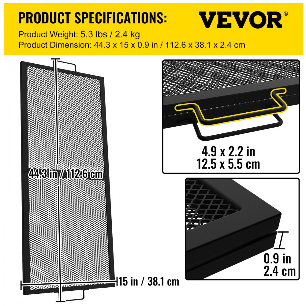 VEVOR Fire Pit Cooking Grill Grate 40 x 15 in Foldable Rectangle Campfire BBQ Rack, Heavy Duty X-Marks with Portable Handle & Support Wire for Outdoor Picnic Party & Gathering, Black