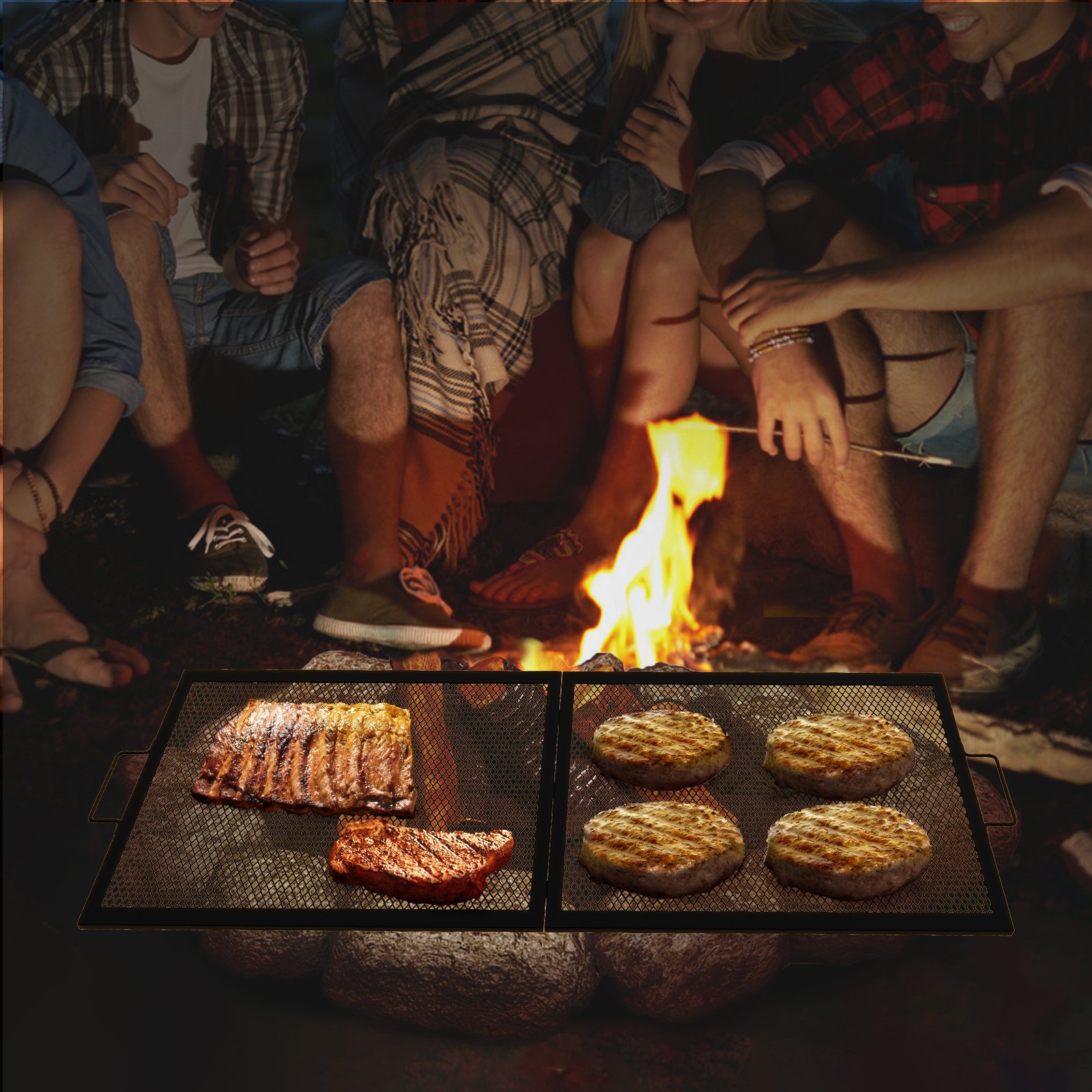 VEVOR Fire Pit Cooking Grill Grate 40 x 15 in Foldable Rectangle Campfire BBQ Rack, Heavy Duty X-Marks with Portable Handle & Support Wire for Outdoor Picnic Party & Gathering, Black
