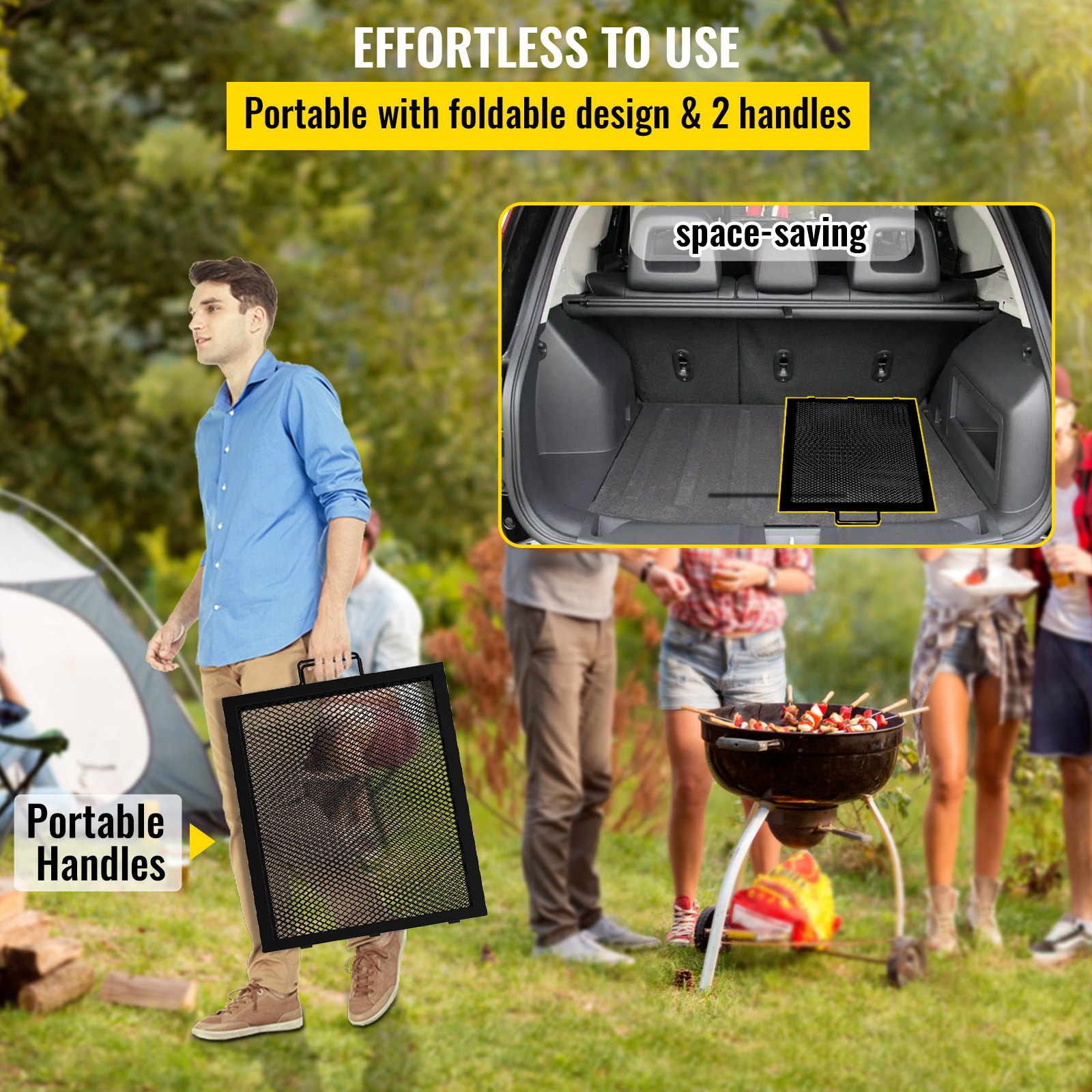 VEVOR Fire Pit Cooking Grill Grate 44 x 15 in Foldable Rectangle Campfire BBQ Rack, Heavy Duty X-Marks with Portable Handle & Support Wire for Outdoor Picnic Party & Gathering, Black