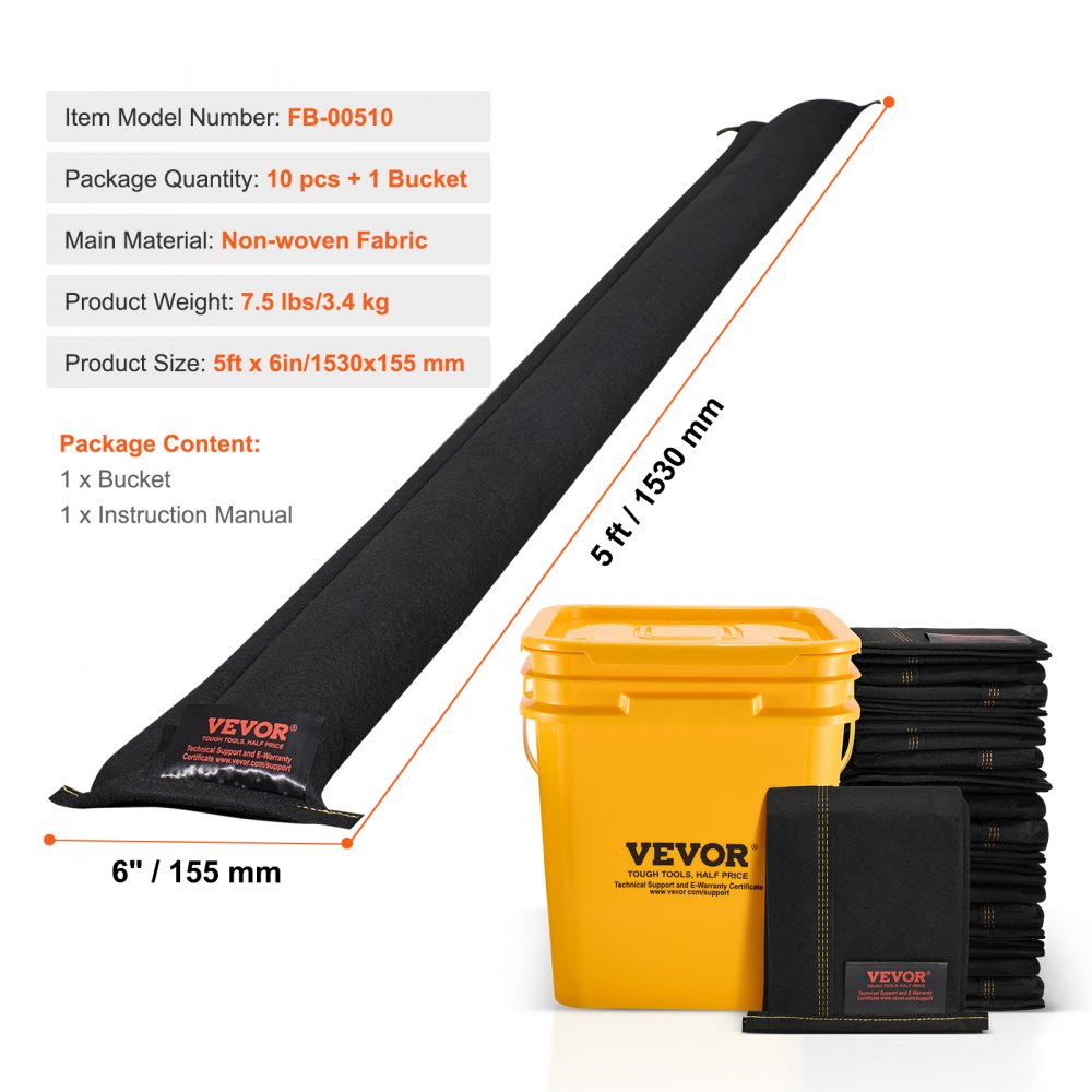VEVOR Flood Barriers, Water Flood Dam Bags 10 Pack, Water Barriers for Flooding with Plastic Bucket, Water Activated Flood Barriers for Home, Doorway, Driveway(1530 x155 mm)