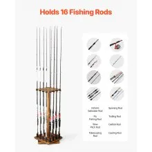 16 Pole Fishing Rod Holder Wood Fishing Rack for Garage 360° Rotate Floor Stand