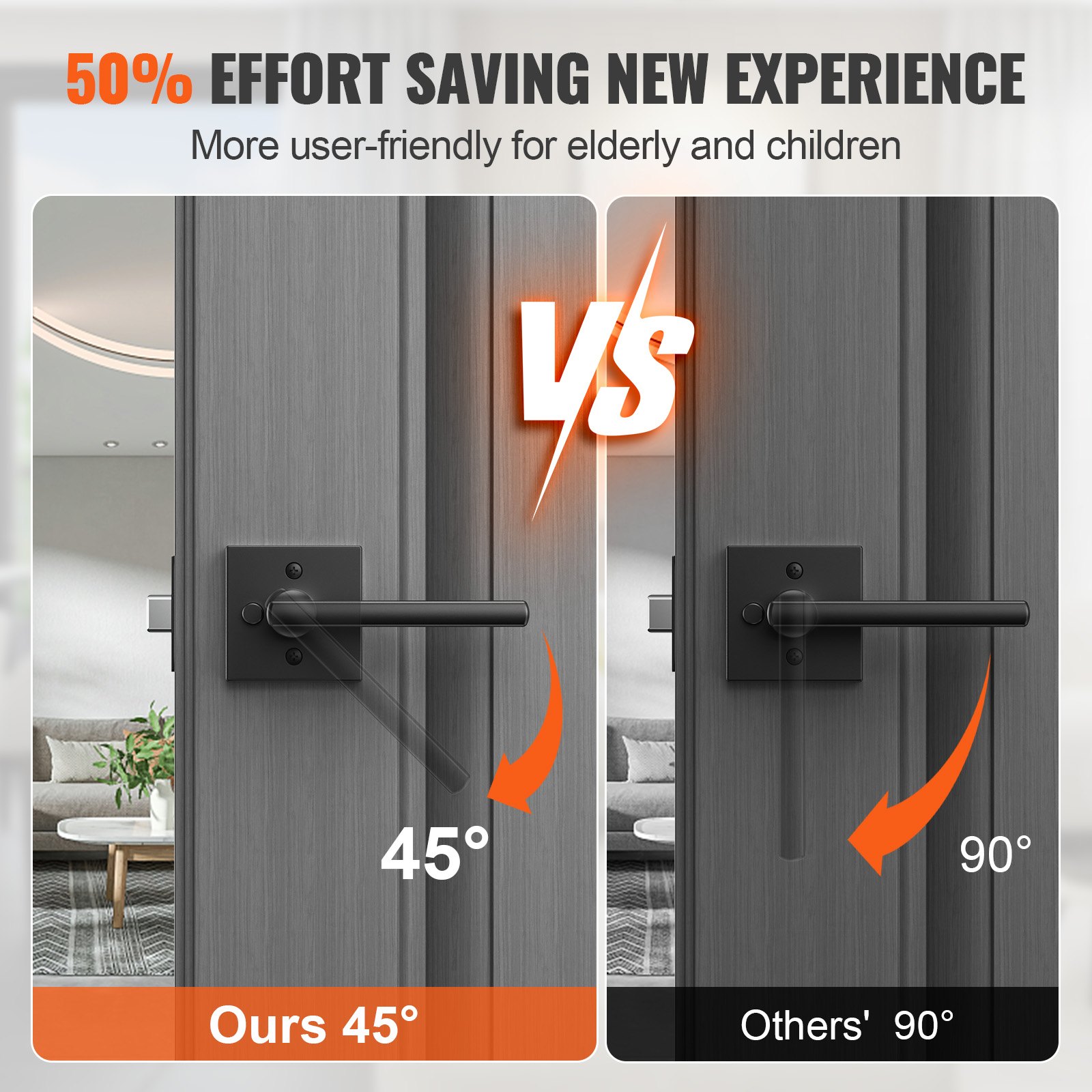 VEVOR Privacy Door Handle, 5 Pack Matte Black Door Lever, Left or Right Handing Reversible Lever with Keyless Lock, 45° Rotation to Open, Square Interior Door Handles for Bedroom and Bathroom Doors