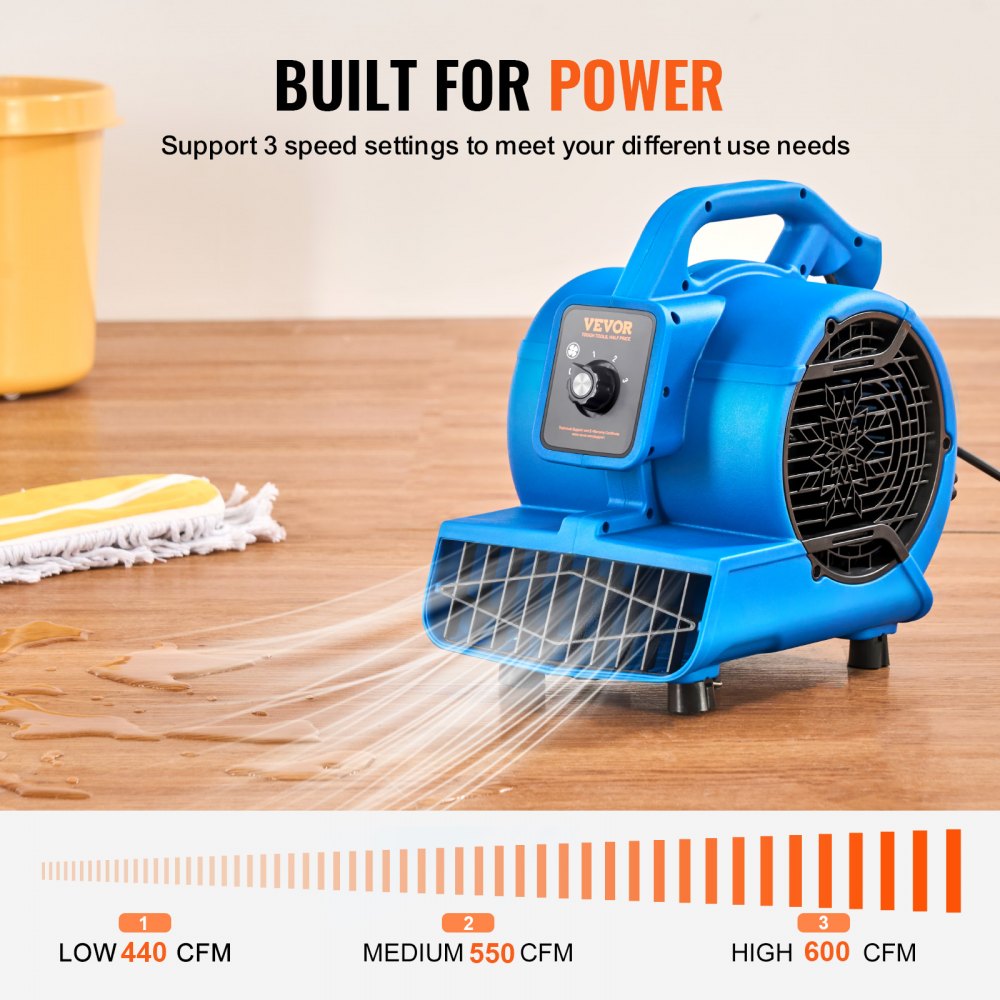 VEVOR Floor Blower, 1360 RPM 600 CFM, Air Mover for Drying and Cooling, Portable Carpet Dryer Fan with 4 Blowing Angles,3-Speeds Adjustment, for Janitorial, Home, Plumbing, Commercial Use