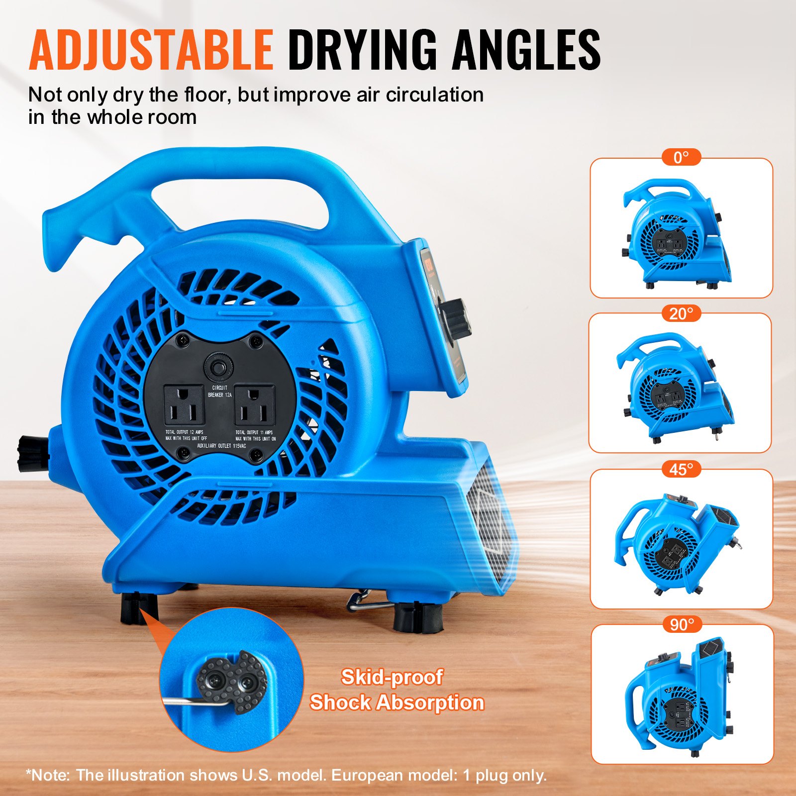 VEVOR Floor Blower, 1360 RPM 600 CFM, Air Mover for Drying and Cooling, Portable Carpet Dryer Fan with 4 Blowing Angles,3-Speeds Adjustment, for Janitorial, Home, Plumbing, Commercial Use