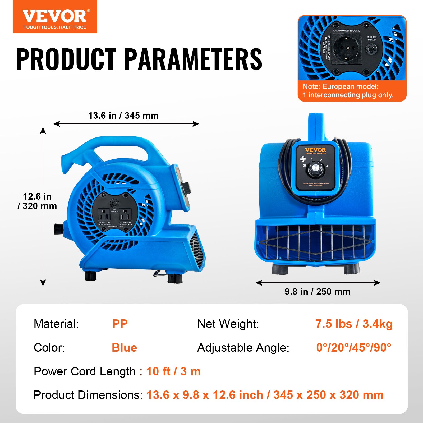 VEVOR Floor Blower, 1360 RPM 600 CFM, Air Mover for Drying and Cooling, Portable Carpet Dryer Fan with 4 Blowing Angles,3-Speeds Adjustment, for Janitorial, Home, Plumbing, Commercial Use