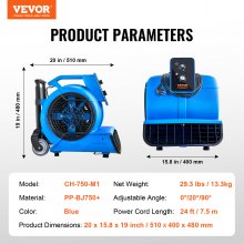 VEVOR Floor Blower 1400 RPM 4000 CFM Air Mover with 3 Blowing Angles 3-Speeds