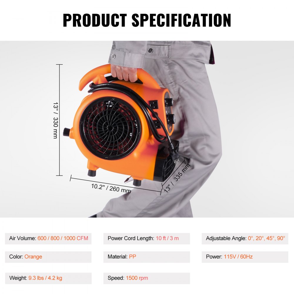 VEVOR Floor Blower, 1/4 HP, 1000 CFM Air Mover for Drying and Cooling, Portable Carpet Dryer Fan with 4 Blowing Angles and Time Function, for Janitorial, Home, Commercial, Industrail Use, ETL Listed