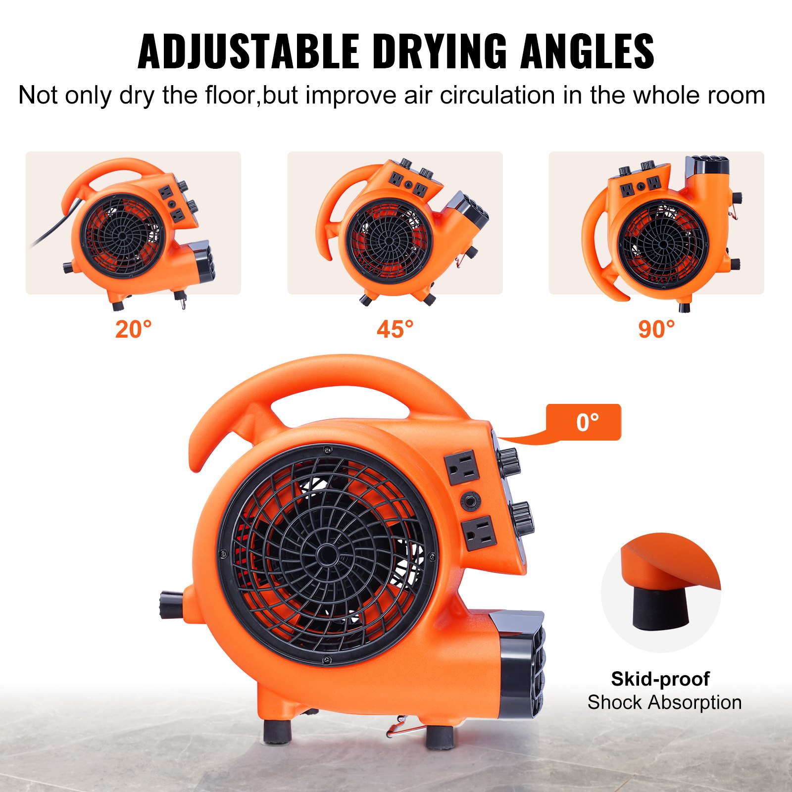 VEVOR Floor Blower, 1/4 HP, 1000 CFM Air Mover for Drying and Cooling, Portable Carpet Dryer Fan with 4 Blowing Angles and Time Function, for Janitorial, Home, Commercial, Industrail Use, ETL Listed