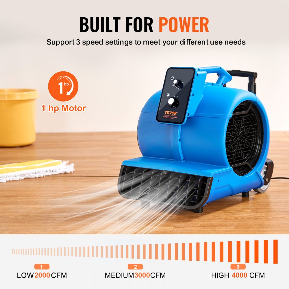 VEVOR Floor Blower, 1560 RPM 4000 CFM, Air Mover for Drying and Cooling, Portable Carpet Dryer Fan with 3 Blowing Angles, Timer, 3-Speeds Adjustment, for Janitorial, Home, Commercial Use