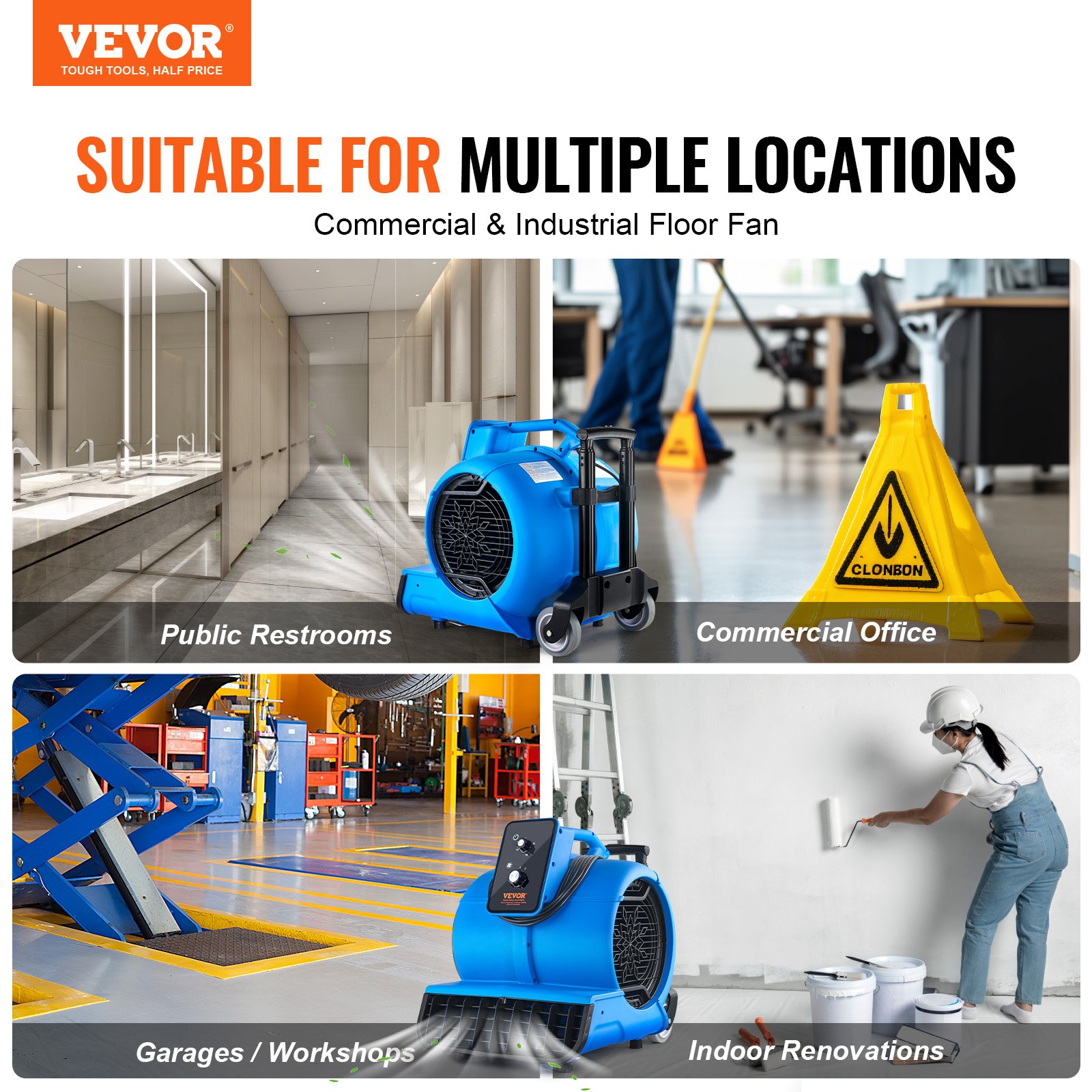 VEVOR Floor Blower, 1560 RPM 4000 CFM, Air Mover for Drying and Cooling, Portable Carpet Dryer Fan with 3 Blowing Angles, Timer, 3-Speeds Adjustment, for Janitorial, Home, Commercial Use