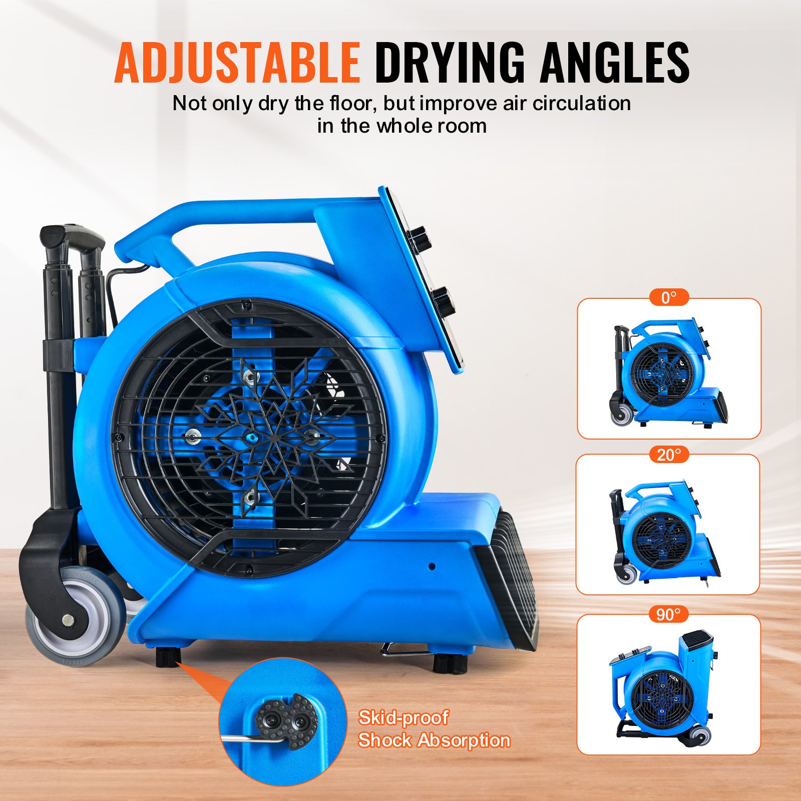VEVOR Floor Blower, 1560 RPM 4000 CFM, Air Mover for Drying and Cooling, Portable Carpet Dryer Fan with 3 Blowing Angles, Timer, 3-Speeds Adjustment, for Janitorial, Home, Commercial Use