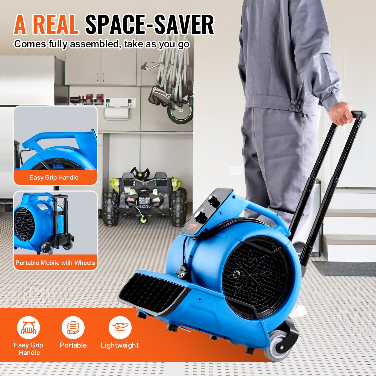 VEVOR Floor Blower, 1560 RPM 4000 CFM, Air Mover for Drying and Cooling, Portable Carpet Dryer Fan with 3 Blowing Angles, Timer, 3-Speeds Adjustment, for Janitorial, Home, Commercial Use