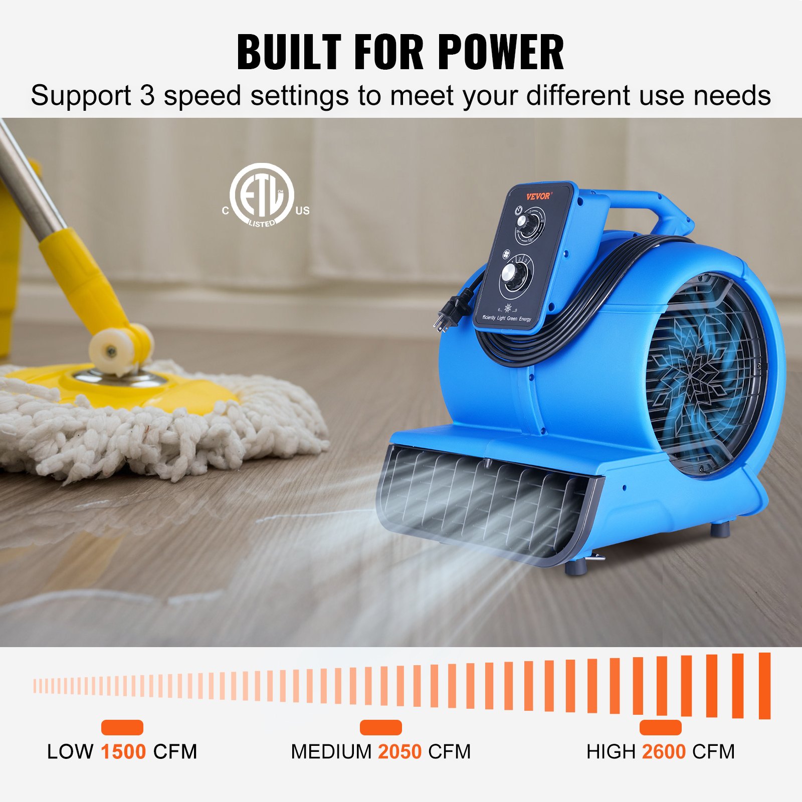 VEVOR Floor Blower, 1/2 HP, 2600 CFM Air Mover for Drying and Cooling, Portable Carpet Dryer Fan with 4 Blowing Angles and Time Function, for Janitorial, Home, Commercial, Industrail Use, ETL Listed