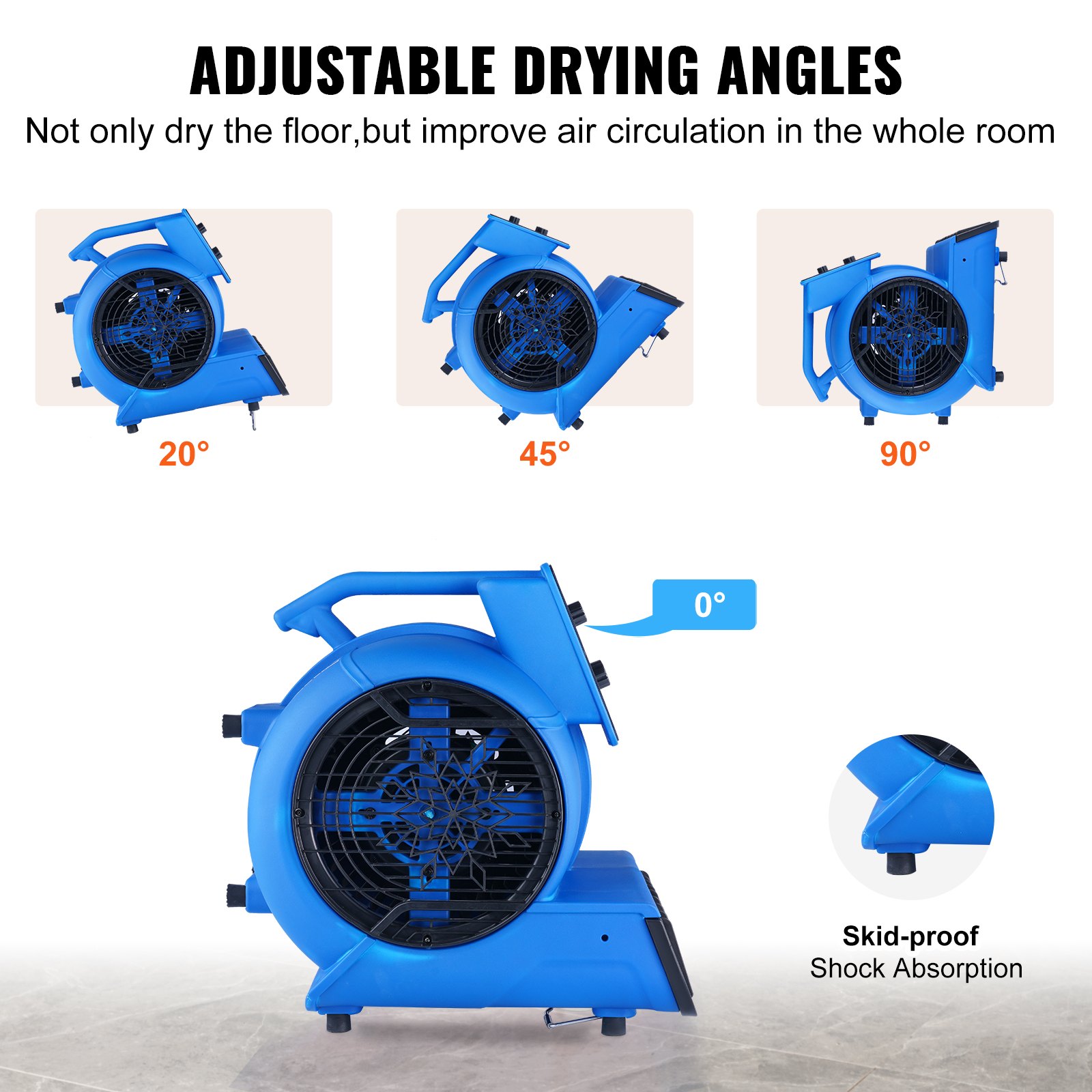 VEVOR Floor Blower, 1/2 HP, 2600 CFM Air Mover for Drying and Cooling, Portable Carpet Dryer Fan with 4 Blowing Angles and Time Function, for Janitorial, Home, Commercial, Industrail Use, ETL Listed