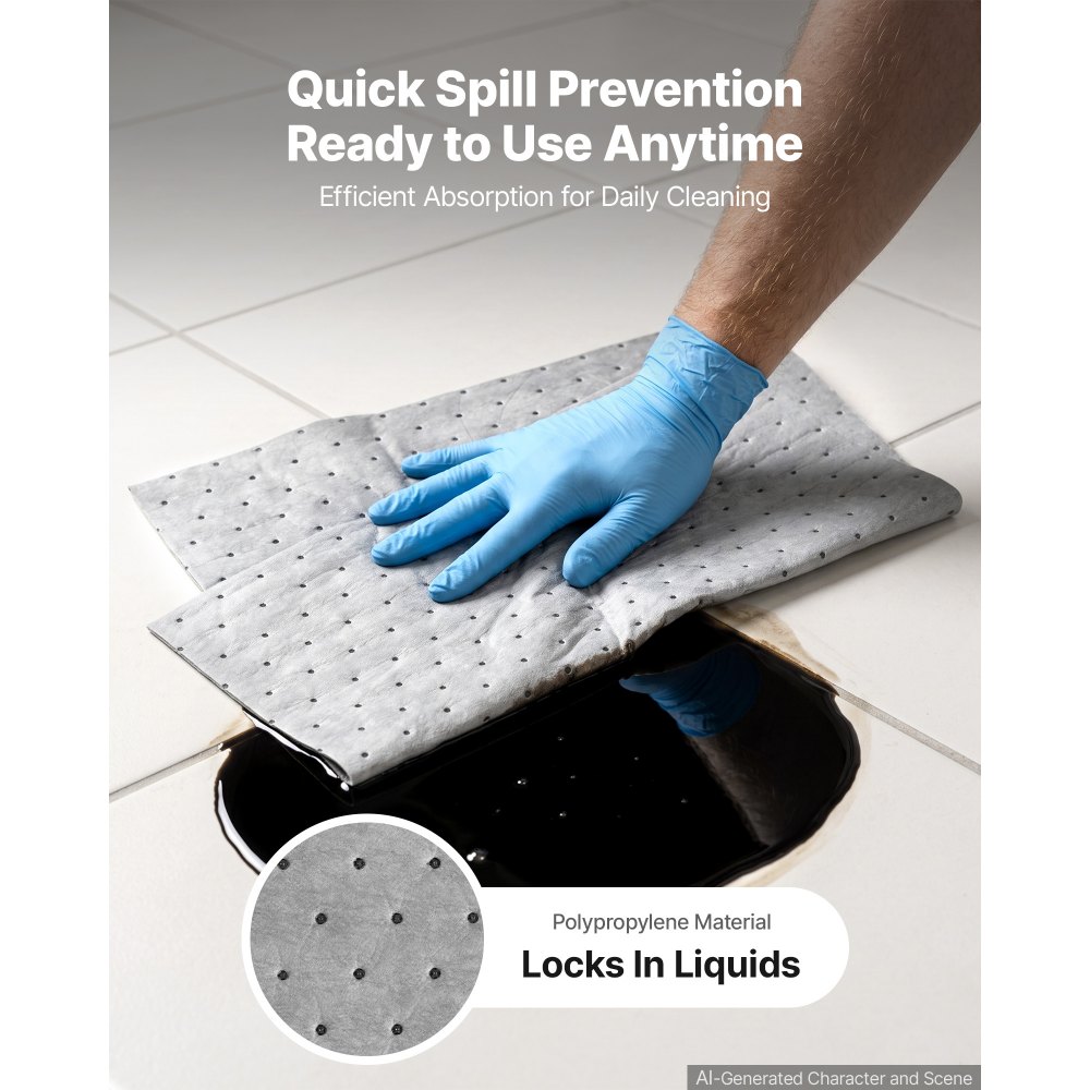 VEVOR Oil & Water Absorbent Pads, 15 in x 150 ft 1-Roll, Medium-Duty Spill Absorbing Pads, Universal for Gasoline, Engine, Oil, Water, Coolant, Durable PP Spill Control Mats for Garage Workshop