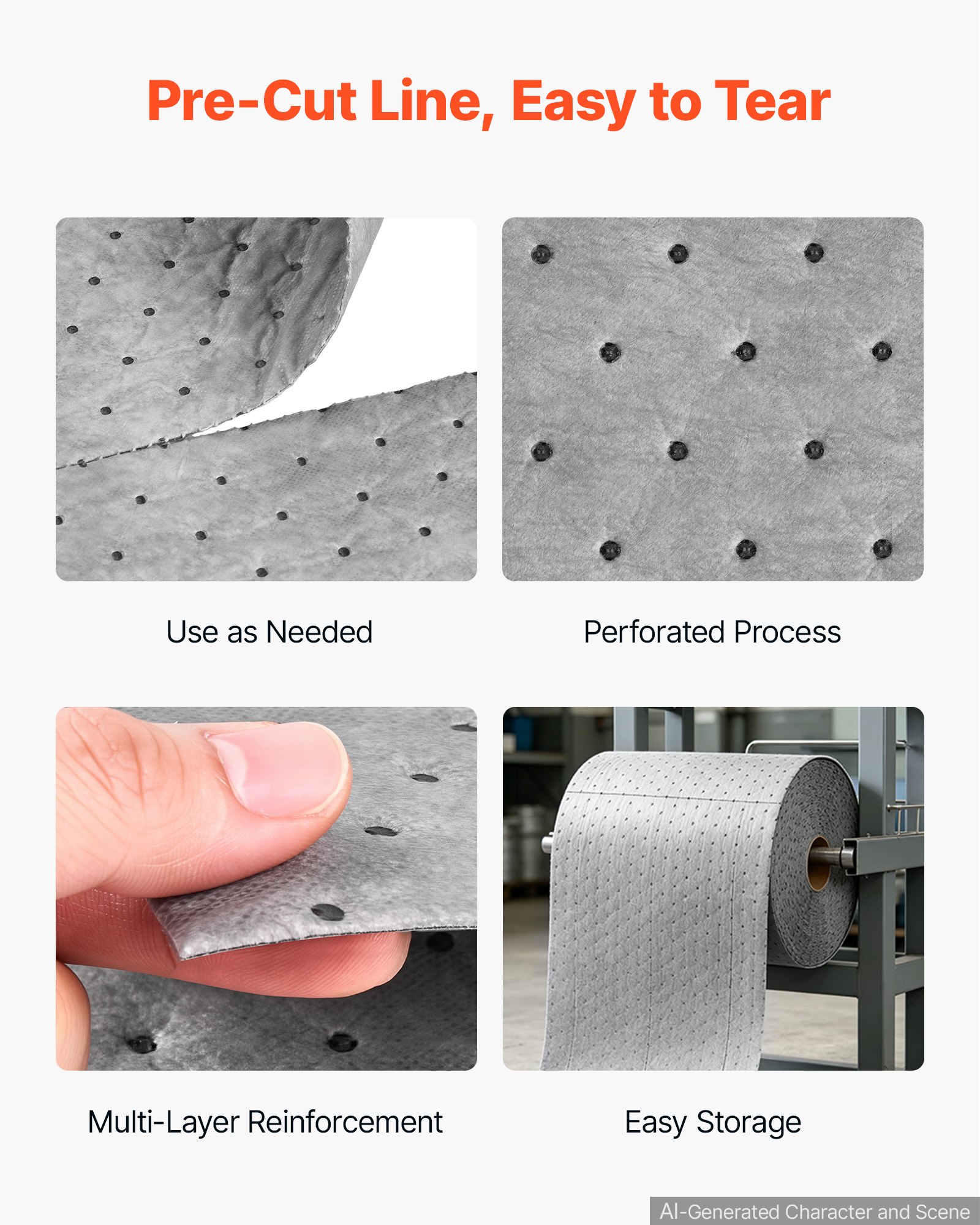 VEVOR Oil & Water Absorbent Pads, 15 in x 150 ft 1-Roll, Medium-Duty Spill Absorbing Pads, Universal for Gasoline, Engine, Oil, Water, Coolant, Durable PP Spill Control Mats for Garage Workshop