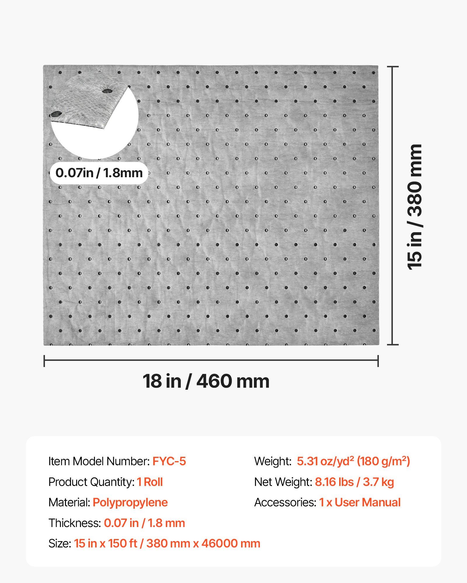 VEVOR Oil & Water Absorbent Pads, 15 in x 150 ft 1-Roll, Medium-Duty Spill Absorbing Pads, Universal for Gasoline, Engine, Oil, Water, Coolant, Durable PP Spill Control Mats for Garage Workshop