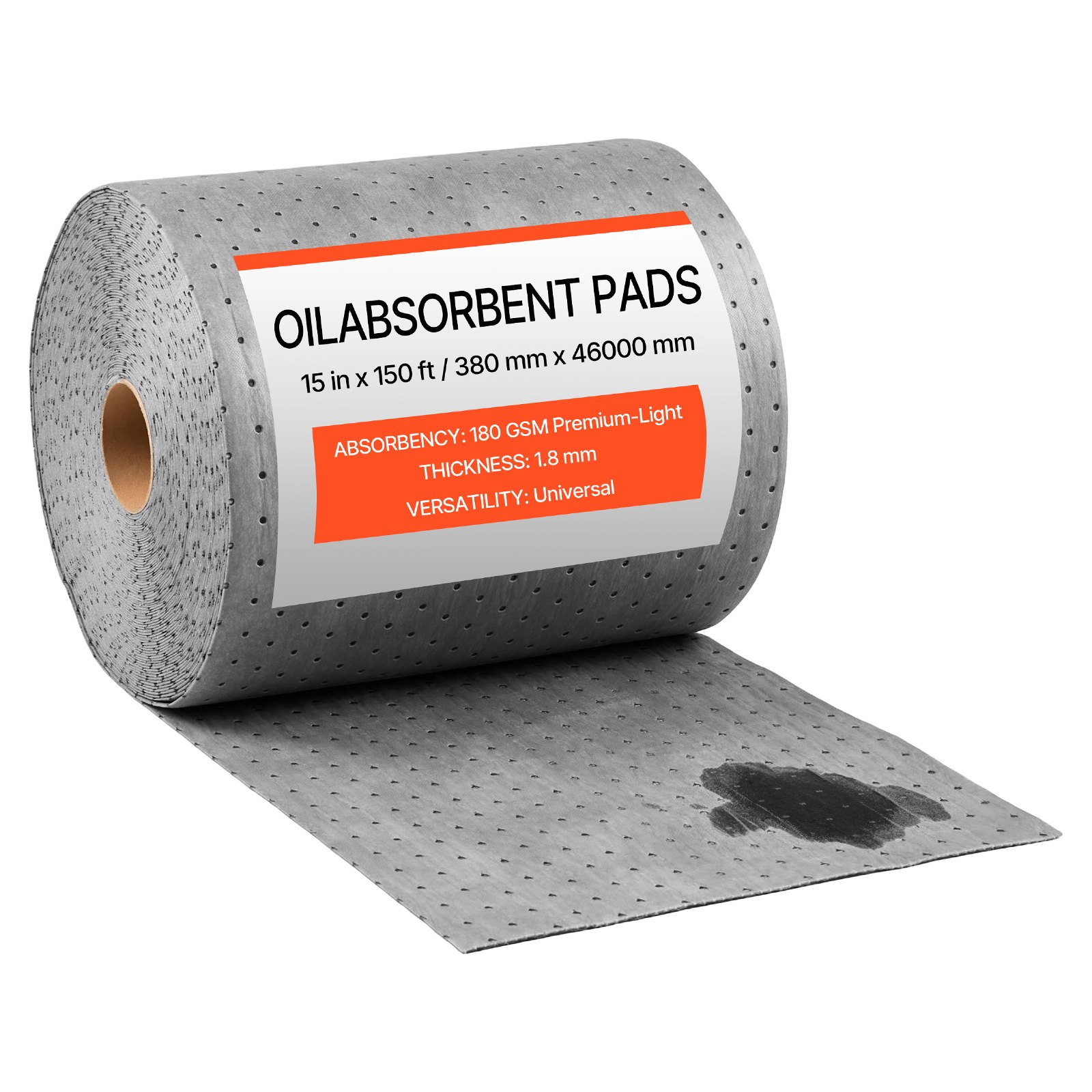 VEVOR Oil & Water Absorbent Pads, 15 in x 150 ft 1-Roll, Medium-Duty Spill Absorbing Pads, Universal for Gasoline, Engine, Oil, Water, Coolant, Durable PP Spill Control Mats for Garage Workshop