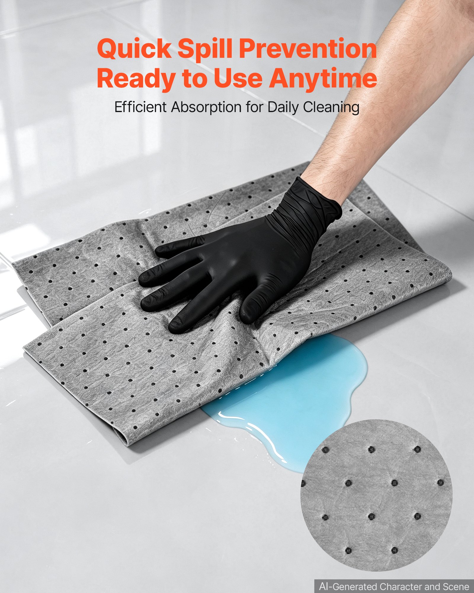 VEVOR Oil & Water Absorbent Pads, 16" x 18" 200-Pack, Medium-Duty Spill Absorbing Pads, Universal for Gasoline, Engine, Oil, Water, Coolant, Durable PP Spill Control Mats for Garage Workshop Factory