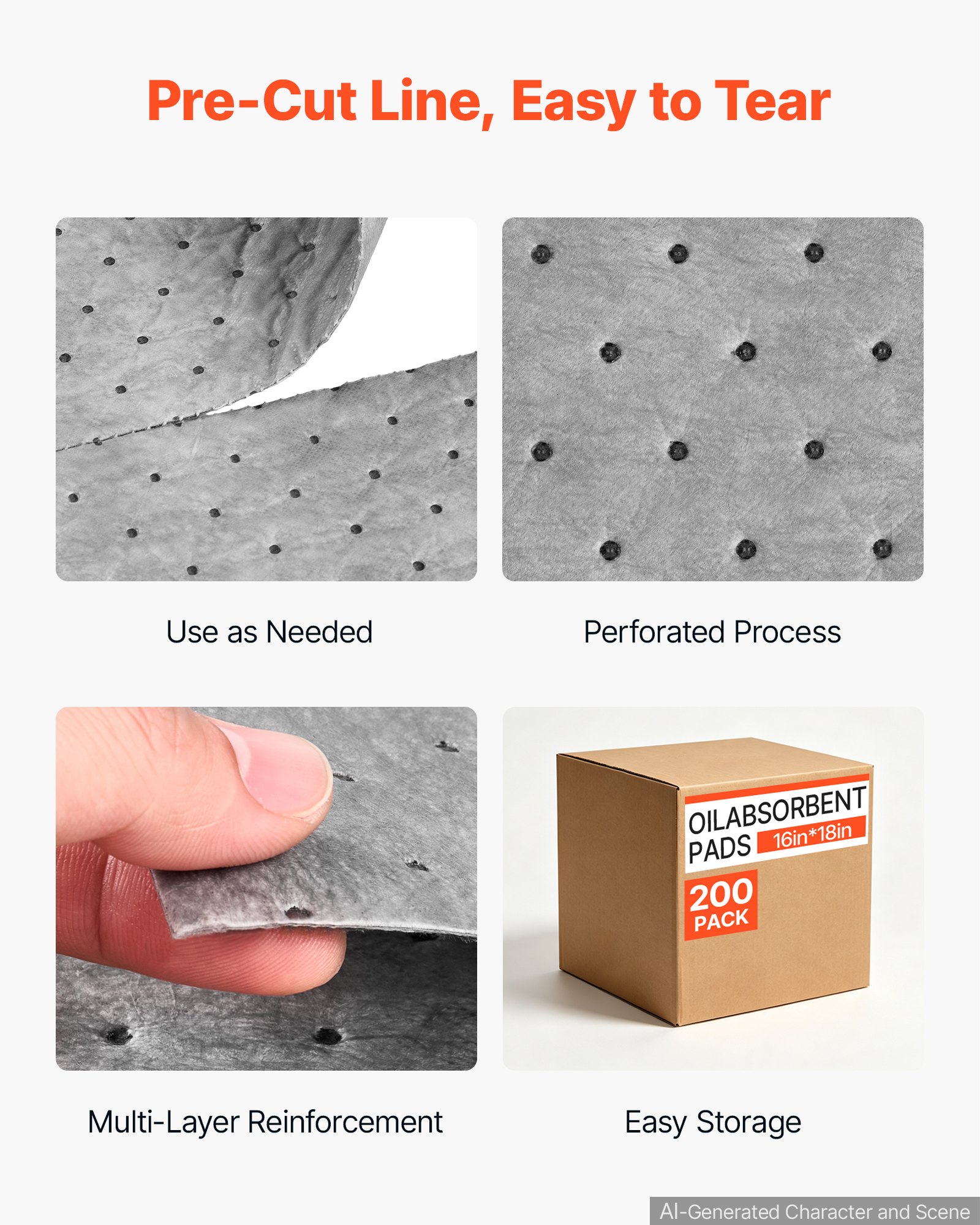 VEVOR Oil & Water Absorbent Pads, 16" x 18" 200-Pack, Medium-Duty Spill Absorbing Pads, Universal for Gasoline, Engine, Oil, Water, Coolant, Durable PP Spill Control Mats for Garage Workshop Factory