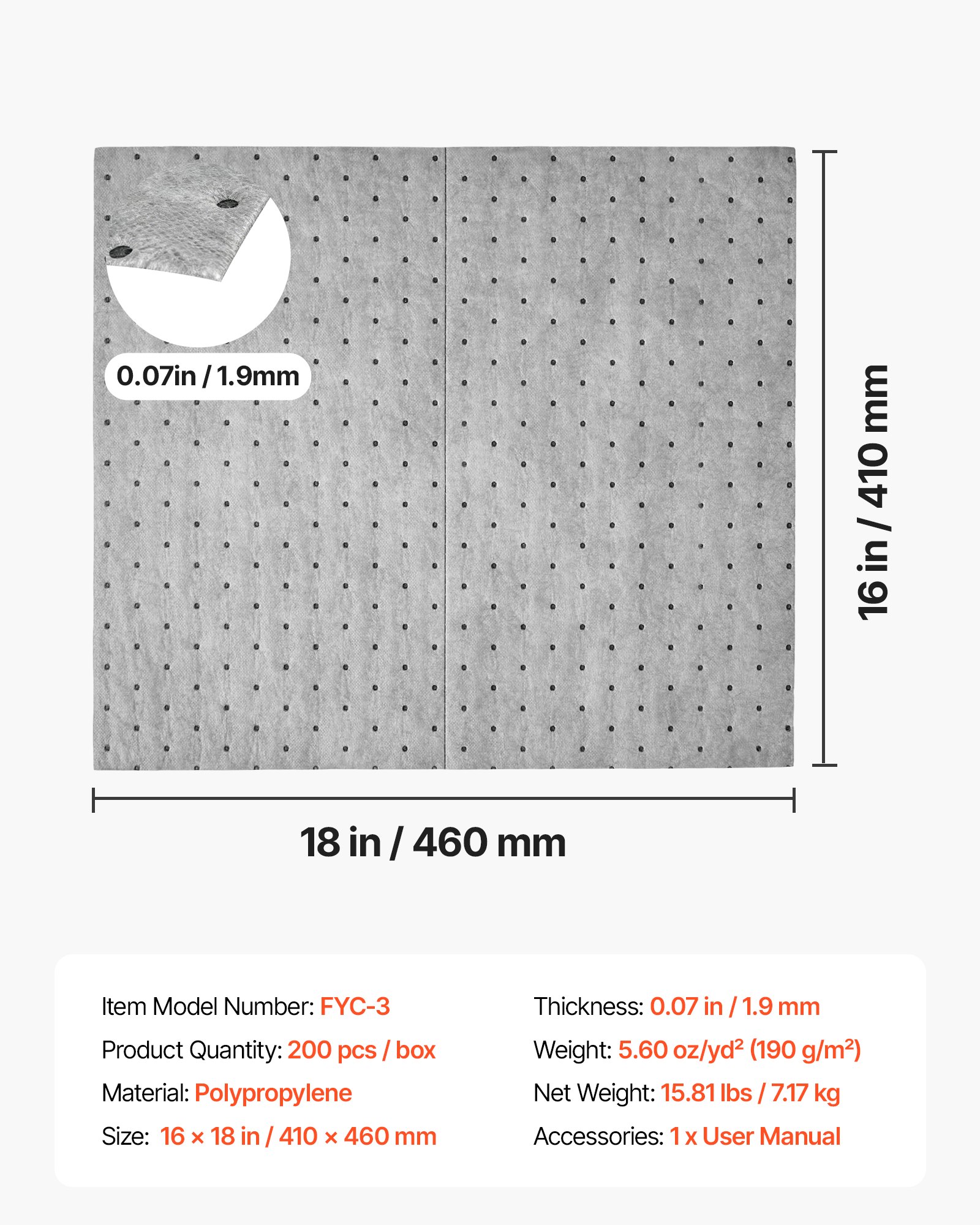 VEVOR Oil & Water Absorbent Pads, 16" x 18" 200-Pack, Medium-Duty Spill Absorbing Pads, Universal for Gasoline, Engine, Oil, Water, Coolant, Durable PP Spill Control Mats for Garage Workshop Factory