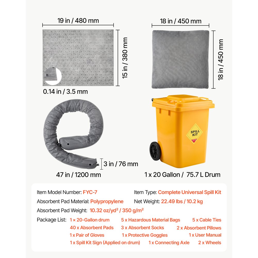 VEVOR Complete Spill Absorbent Kit for Oil & Water, 40PCS Heavy-Duty Oil Absorbent Pads, 3 Socks, 2 Pillows, 5 Hazardous Material Bags, 20-Gallon Wheeled Drum for Garage Workshop Spill Control