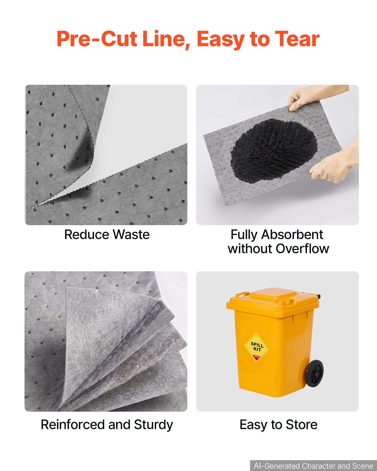 VEVOR Complete Spill Absorbent Kit for Oil & Water, 40PCS Heavy-Duty Oil Absorbent Pads, 3 Socks, 2 Pillows, 5 Hazardous Material Bags, 20-Gallon Wheeled Drum for Garage Workshop Spill Control