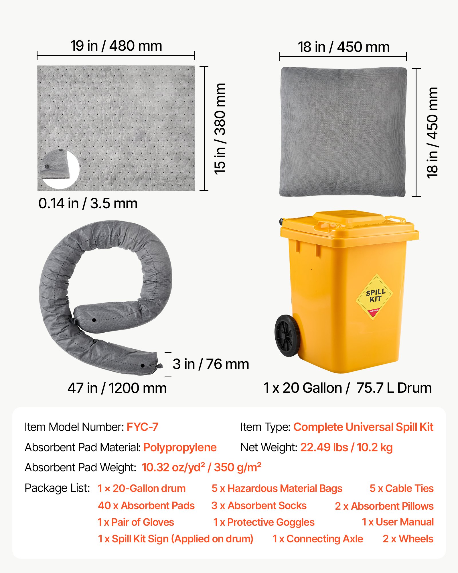 VEVOR Complete Spill Absorbent Kit for Oil & Water, 40PCS Heavy-Duty Oil Absorbent Pads, 3 Socks, 2 Pillows, 5 Hazardous Material Bags, 20-Gallon Wheeled Drum for Garage Workshop Spill Control
