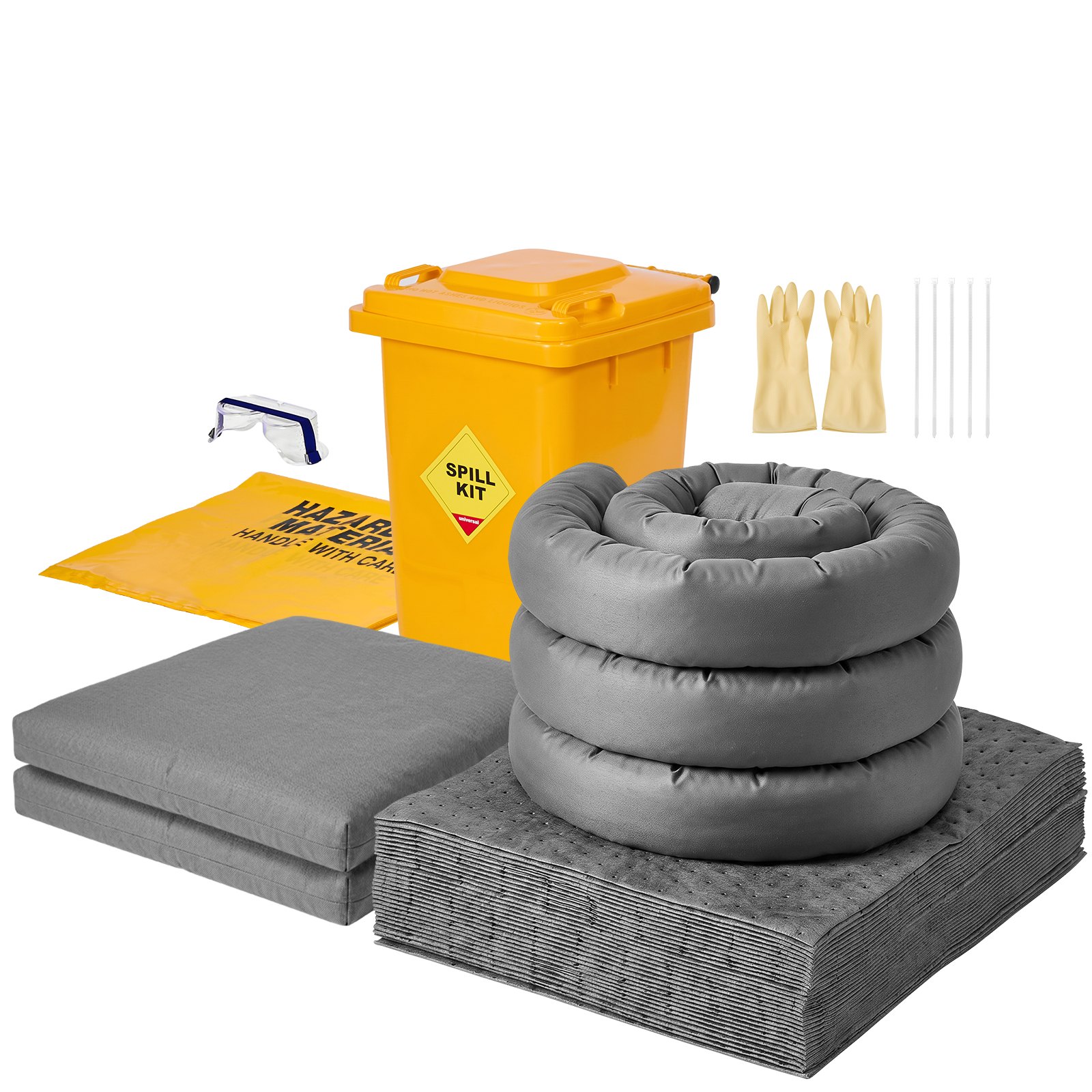 VEVOR Complete Spill Absorbent Kit for Oil & Water, 40PCS Heavy-Duty Oil Absorbent Pads, 3 Socks, 2 Pillows, 5 Hazardous Material Bags, 20-Gallon Wheeled Drum for Garage Workshop Spill Control