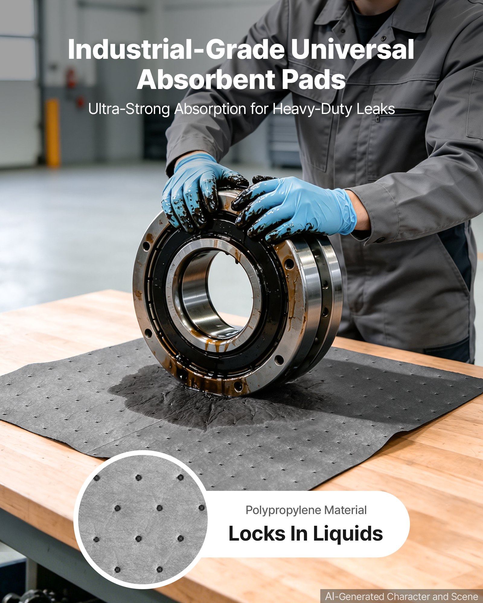 VEVOR Oil & Water Absorbent Pads, 13" x 10" 100-Pack, Heavy-Duty Spill Absorbing Pads, Universal for Gasoline/Engine Oil/Water/Coolant, Durable PP Spill Control Mats for Garage Workshop Factory