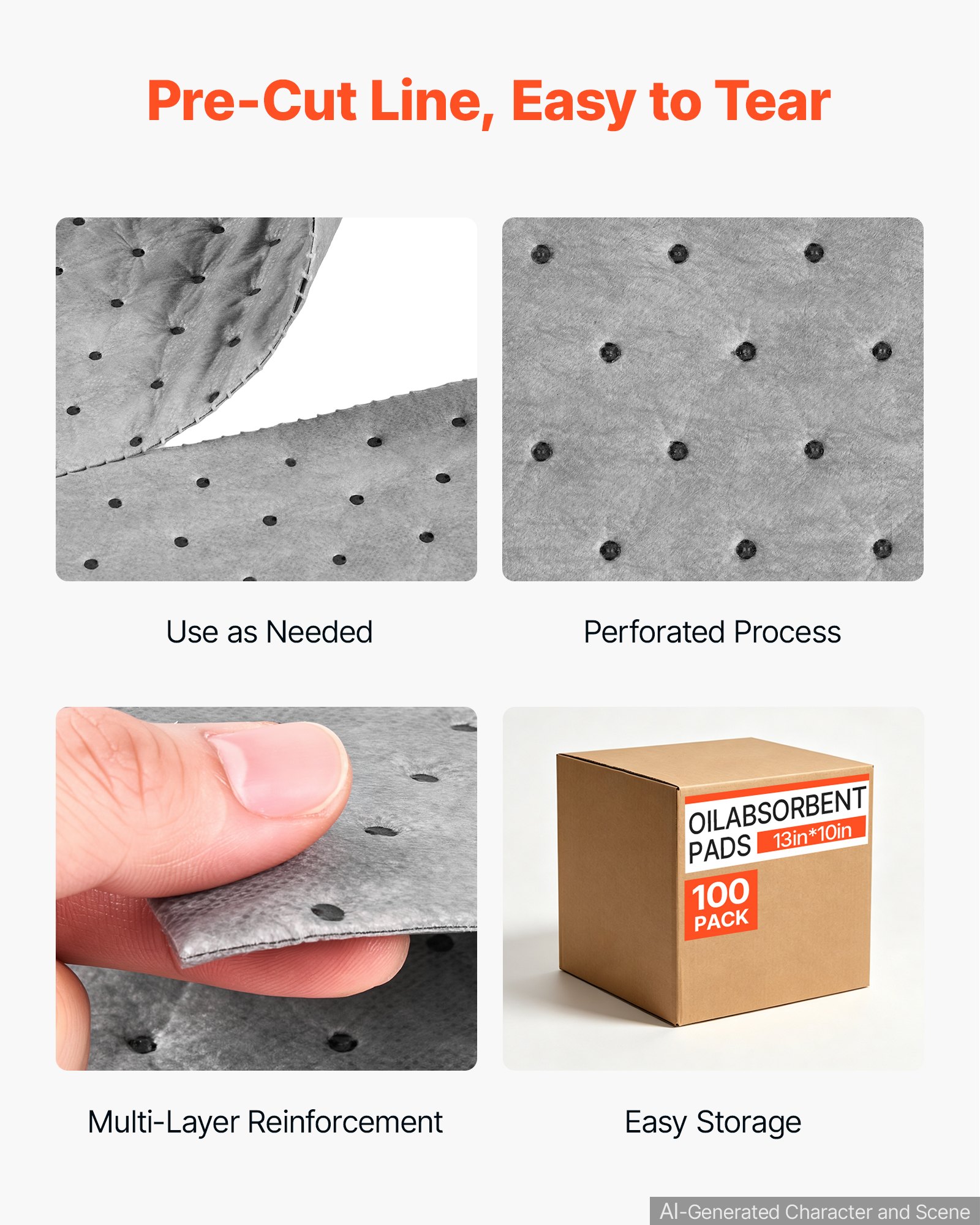 VEVOR Oil & Water Absorbent Pads, 13" x 10" 100-Pack, Heavy-Duty Spill Absorbing Pads, Universal for Gasoline/Engine Oil/Water/Coolant, Durable PP Spill Control Mats for Garage Workshop Factory