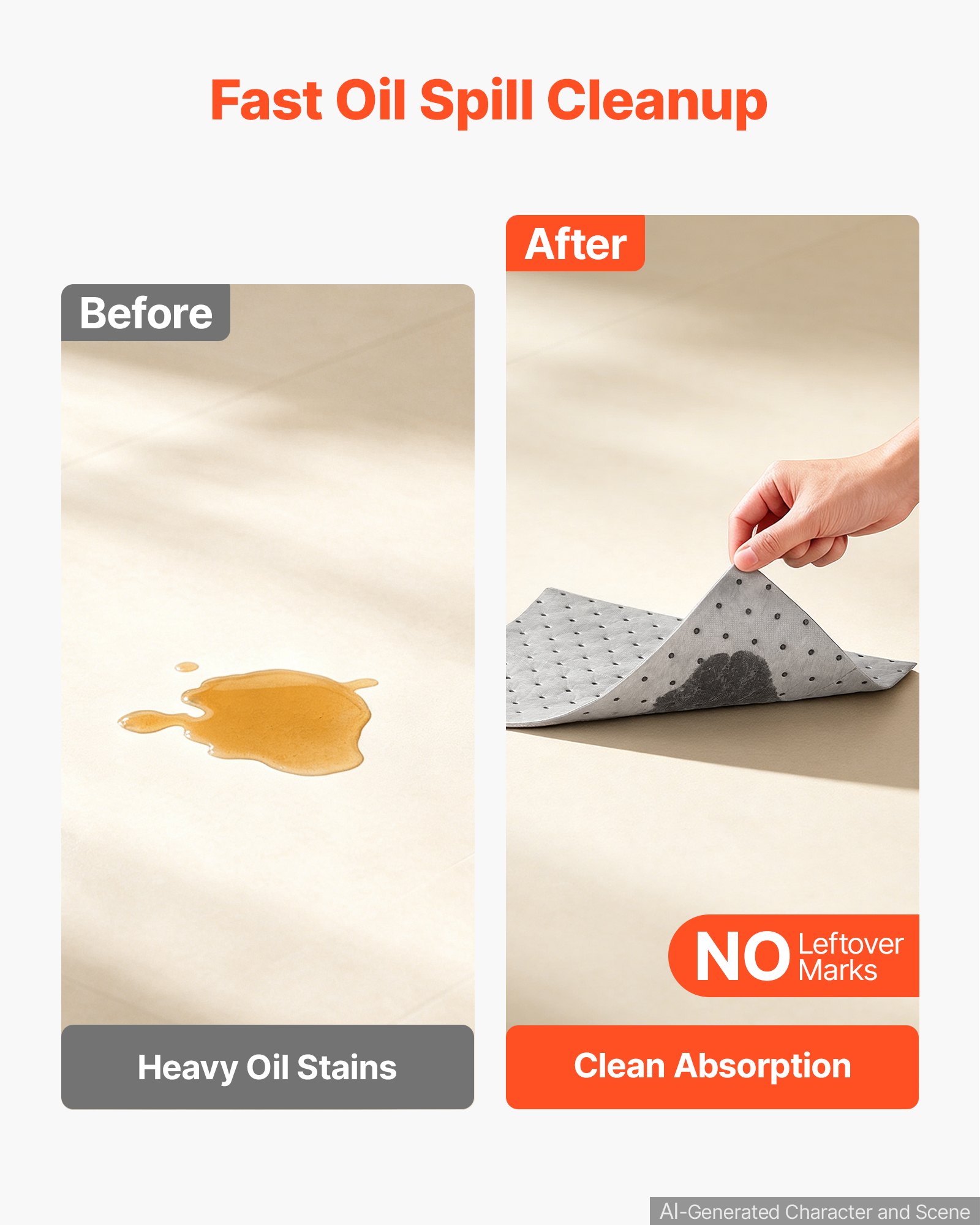 VEVOR Oil & Water Absorbent Pads, 13" x 10" 100-Pack, Heavy-Duty Spill Absorbing Pads, Universal for Gasoline/Engine Oil/Water/Coolant, Durable PP Spill Control Mats for Garage Workshop Factory