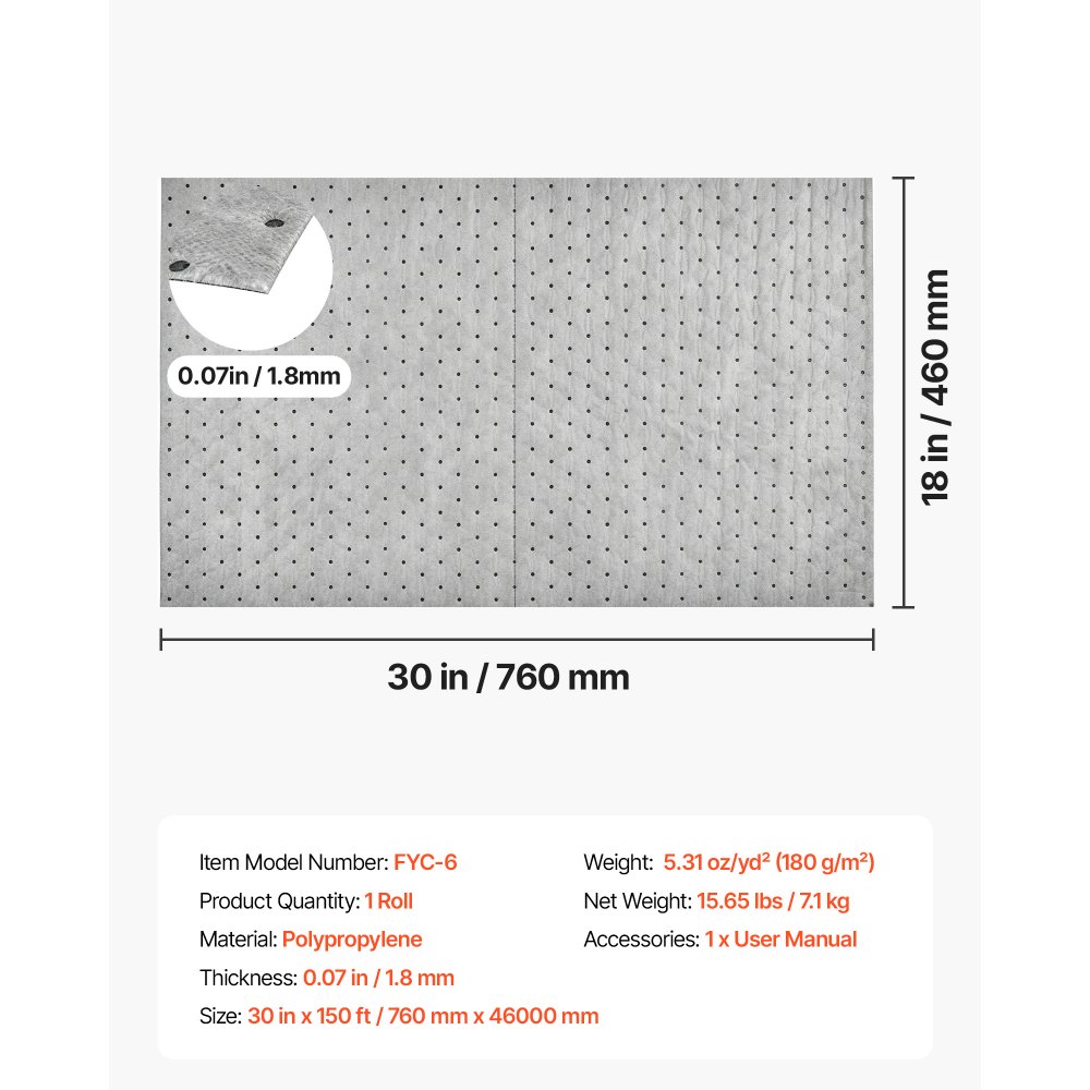 VEVOR Oil & Water Absorbent Pads, 30 in x 150 ft 1-Roll, Medium-Duty Spill Absorbing Pads, Universal for Gasoline, Engine, Oil, Water, Coolant, Durable PP Spill Control Mats for Garage Workshop