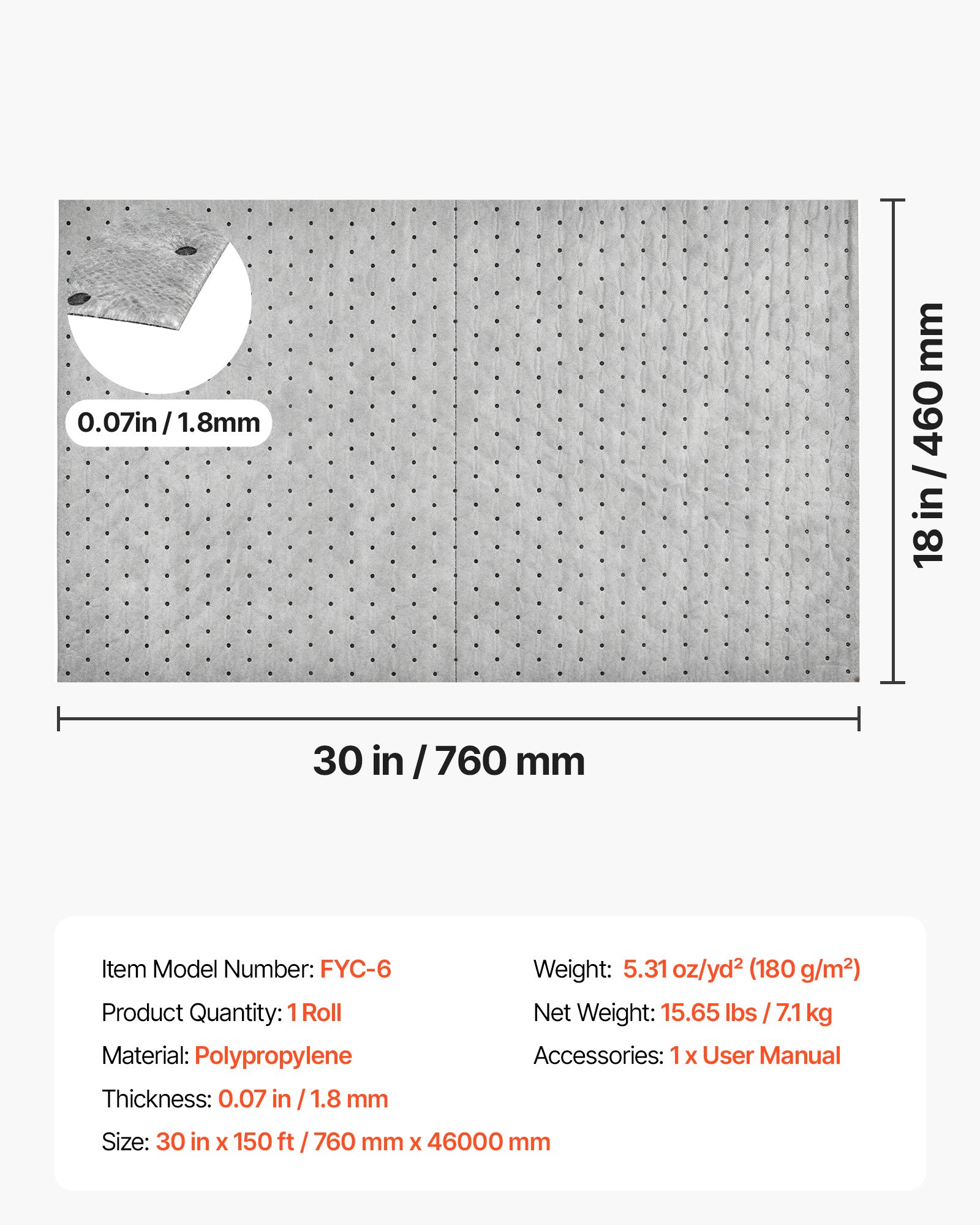 VEVOR Oil & Water Absorbent Pads, 30 in x 150 ft 1-Roll, Medium-Duty Spill Absorbing Pads, Universal for Gasoline, Engine, Oil, Water, Coolant, Durable PP Spill Control Mats for Garage Workshop