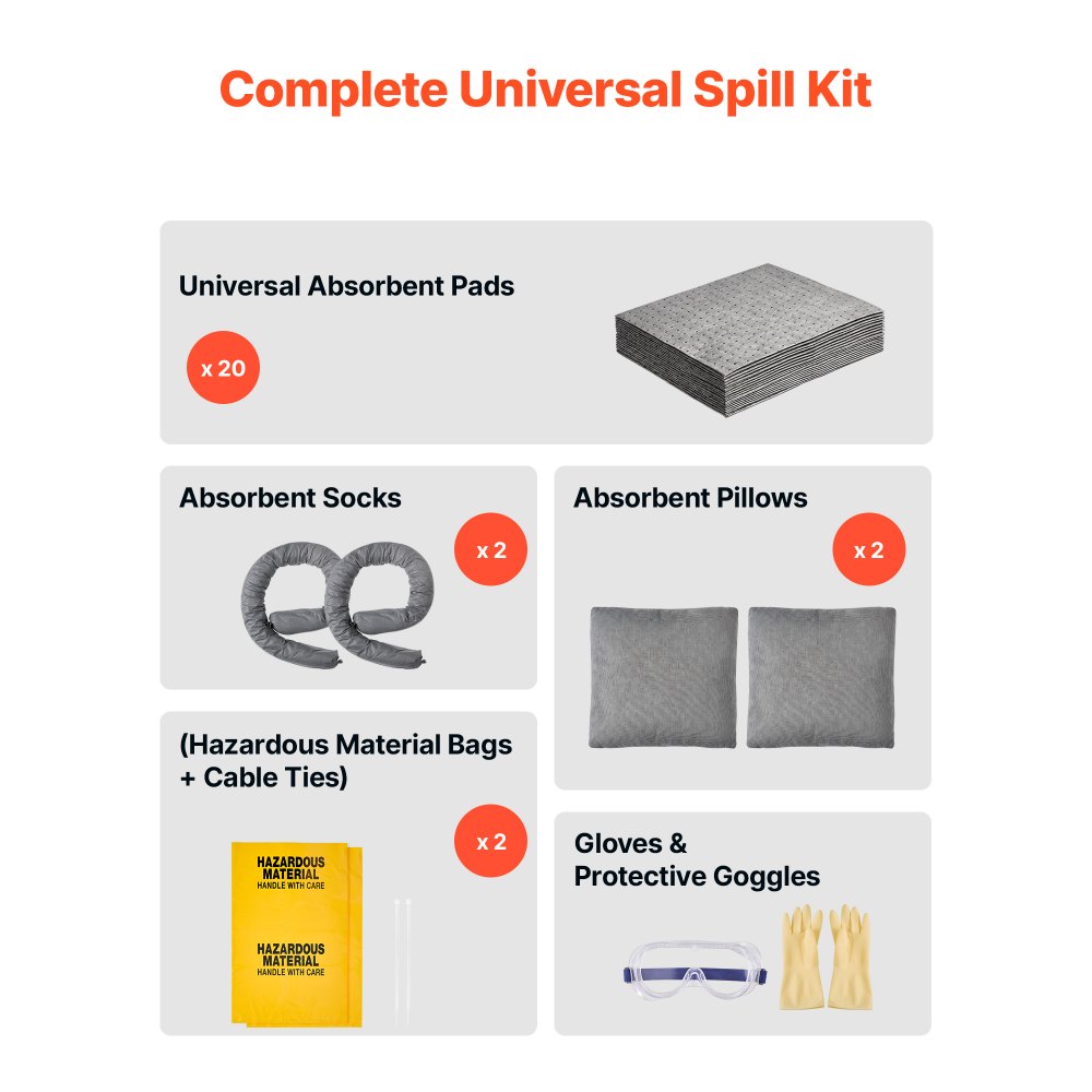VEVOR Complete Spill Absorbent Kit for Oil & Water, 20PCS Medium-Duty Spill Absorbent Pads, 2 Socks, 2 Pillows, 2 Hazardous Material Bags, 1 Carrying Bag for Garage Workshop Spill Control & Cleanup
