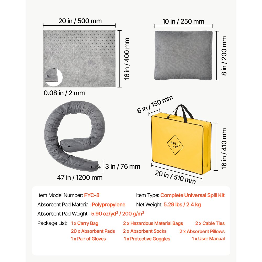 VEVOR Complete Spill Absorbent Kit for Oil & Water, 20PCS Medium-Duty Spill Absorbent Pads, 2 Socks, 2 Pillows, 2 Hazardous Material Bags, 1 Carrying Bag for Garage Workshop Spill Control & Cleanup