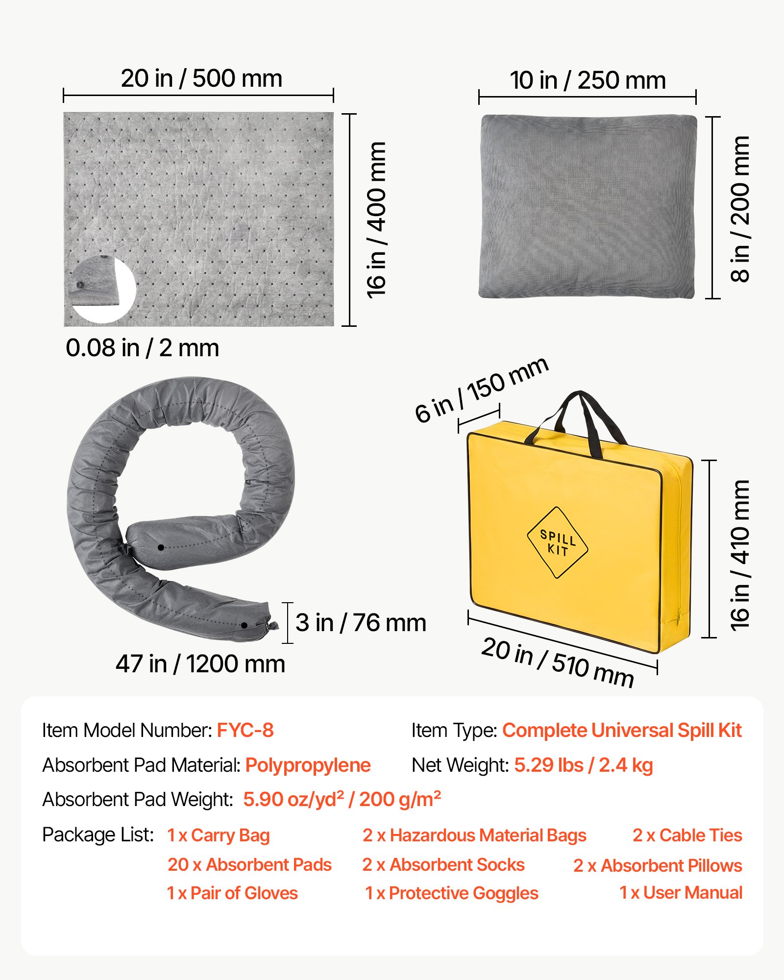 VEVOR Complete Spill Absorbent Kit for Oil & Water, 20PCS Medium-Duty Spill Absorbent Pads, 2 Socks, 2 Pillows, 2 Hazardous Material Bags, 1 Carrying Bag for Garage Workshop Spill Control & Cleanup
