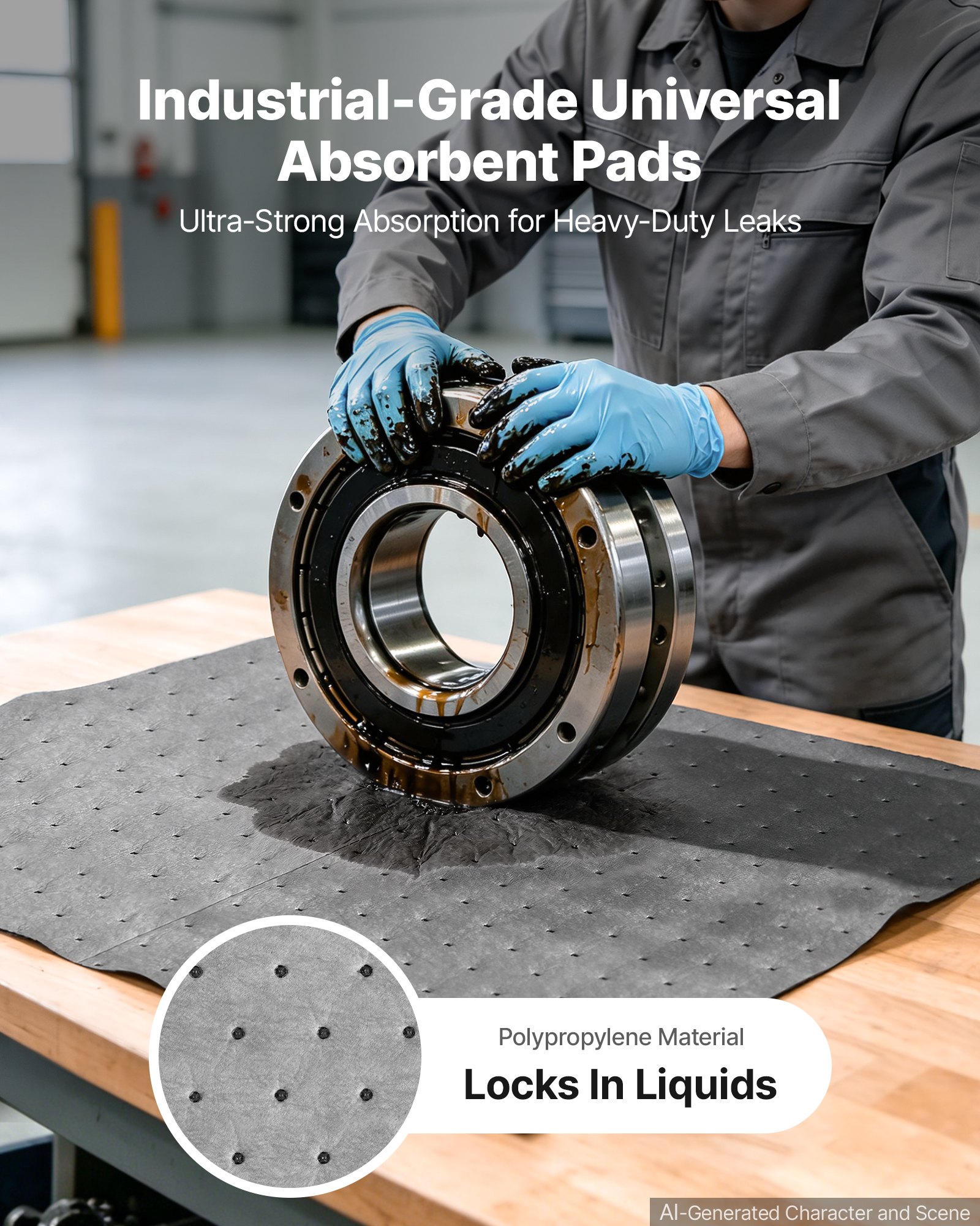 VEVOR Oil & Water Absorbent Pads, 16" x 18" 100-Pack, Heavy-Duty Spill Absorbing Pads, Universal for Gasoline/Engine Oil/Water/Coolant, Durable PP Spill Control Mats for Garage Workshop Factory