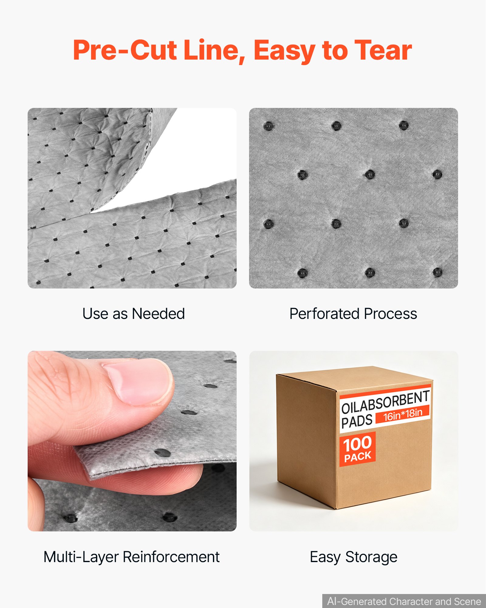 VEVOR Oil & Water Absorbent Pads, 16" x 18" 100-Pack, Heavy-Duty Spill Absorbing Pads, Universal for Gasoline/Engine Oil/Water/Coolant, Durable PP Spill Control Mats for Garage Workshop Factory