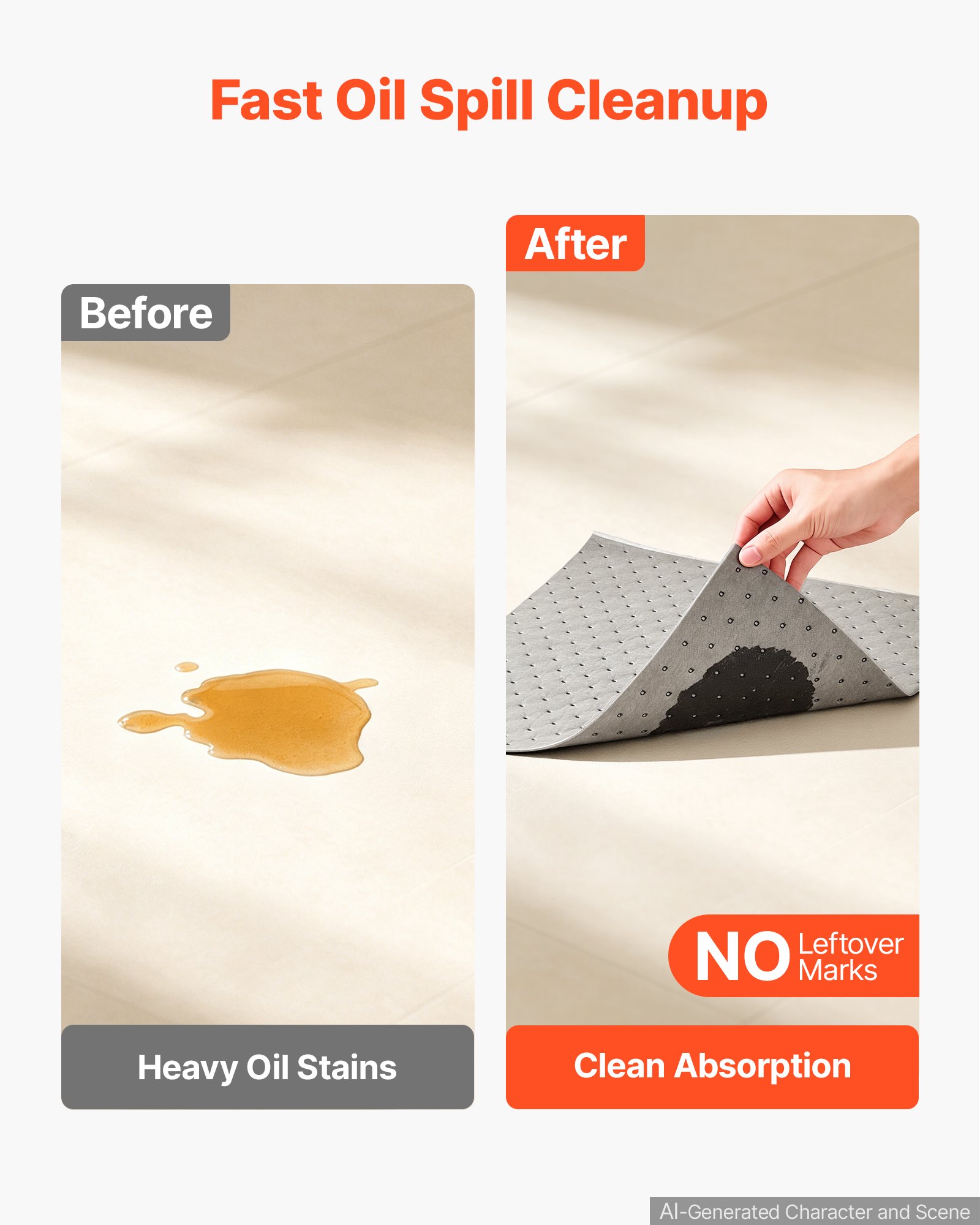 VEVOR Oil & Water Absorbent Pads, 16" x 18" 100-Pack, Heavy-Duty Spill Absorbing Pads, Universal for Gasoline/Engine Oil/Water/Coolant, Durable PP Spill Control Mats for Garage Workshop Factory