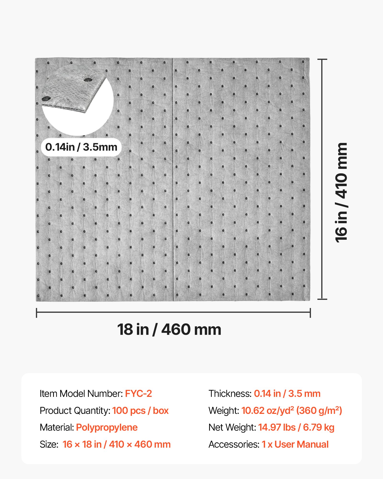 VEVOR Oil & Water Absorbent Pads, 16" x 18" 100-Pack, Heavy-Duty Spill Absorbing Pads, Universal for Gasoline/Engine Oil/Water/Coolant, Durable PP Spill Control Mats for Garage Workshop Factory