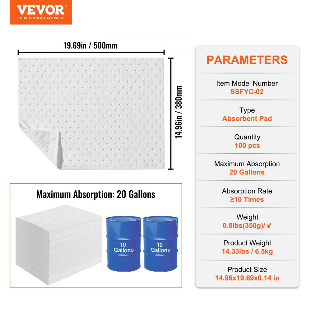 VEVOR Spill Absorbent Pads, Oil Absorbing Mat Absorbs up 75.7 L, 380 x 500 mm Polypropylene Absorbent Pad for Oil Only, Oil Spill Mats Pack of 100