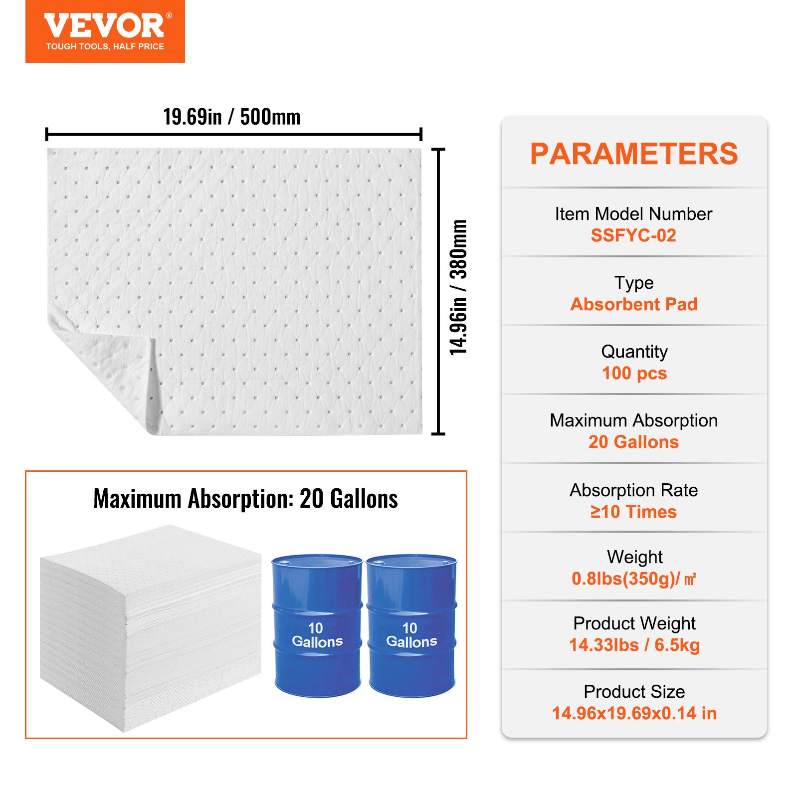 VEVOR Spill Absorbent Pads, Oil Absorbing Mat Absorbs up 75.7 L, 380 x 500 mm Polypropylene Absorbent Pad for Oil Only, Oil Spill Mats Pack of 100