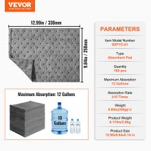 VEVOR Spill Absorbent Pads, Universal Absorbing Mat Absorbs up 12 Gal, 13" L x10" W Polypropylene Absorbent Pad for Oil, Water and Other Liquids, Pack of 100
