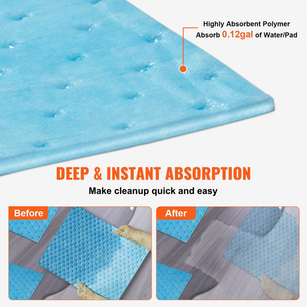 VEVOR Spill Absorbent Pads, Water Absorbing Mat Pad in Dispenser Box, 22.7L Capacity, 380 x 480 mm Polypropylene Absorbent Pad for Water, 30 pcs per Box