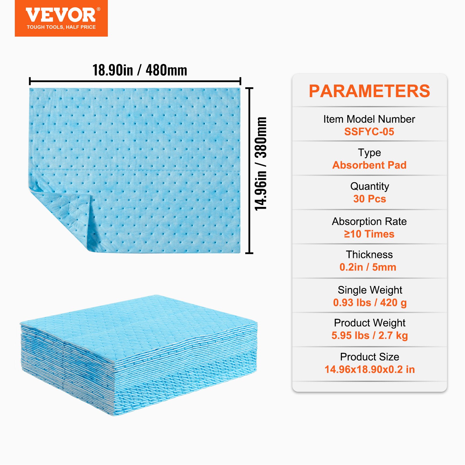 VEVOR Spill Absorbent Pads, Water Absorbing Mat Pad in Dispenser Box, 22.7L Capacity, 380 x 480 mm Polypropylene Absorbent Pad for Water, 30 pcs per Box
